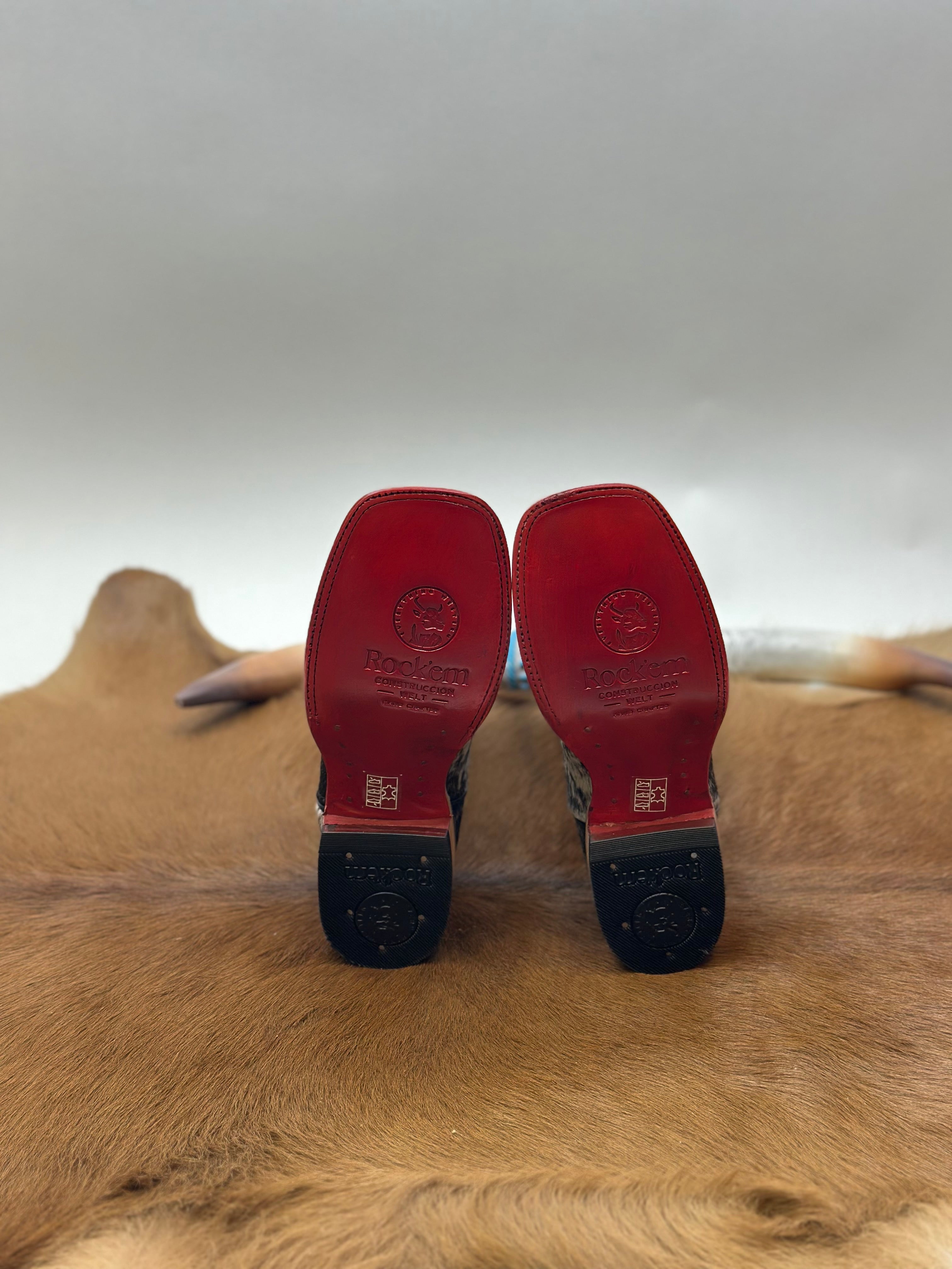 ROCKEM WOMENS KATHERINE BROWN & WHITE COWHIDE TOP BOOT (EVERY PAIR IS UNIQUE) RED BOTTOM