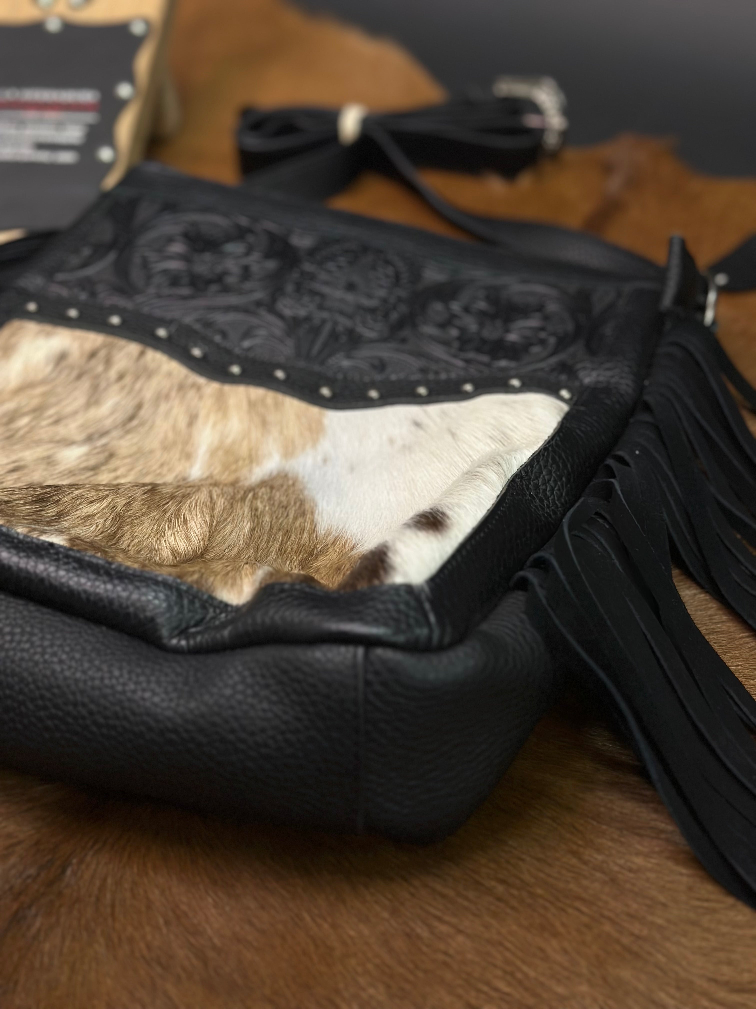 CROSSBODY BAG BLACK HAND TOOLED BLACK & WHITE COWHIDE FRINGE