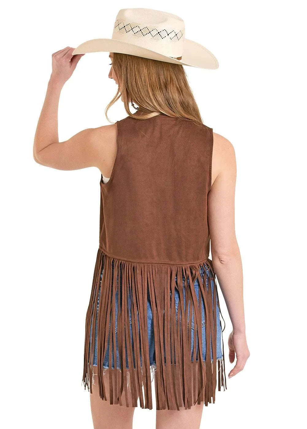 ROCK&ROLL EMBROIDERED FRINGE BROWN VEST -BW98C08110 Laherradurawwnc.com