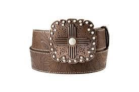 ANGEL RANCH BROWN FLORAL e EMBOSSED BELT WITH GEOMETRIC CROSS & COPPER BUCKLE D140012802ENS