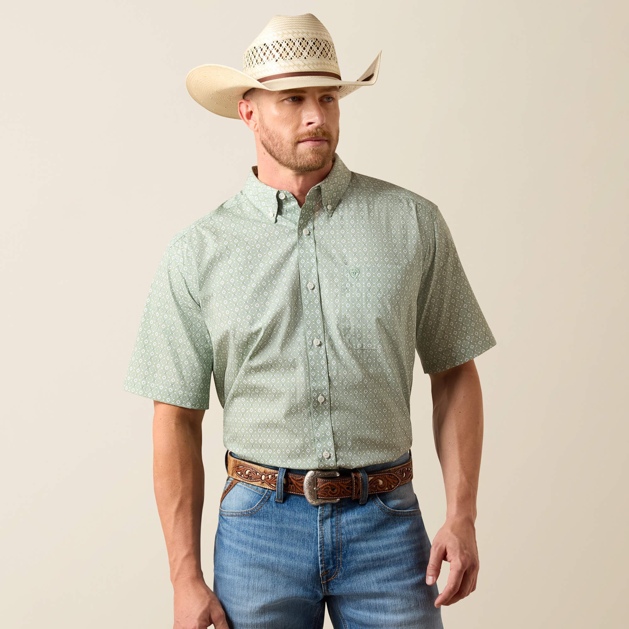 ARIAT MENS WF WORTHINGTON SS SHRT LAUREL GREEN SOUTHWEST PRINT - 10073697