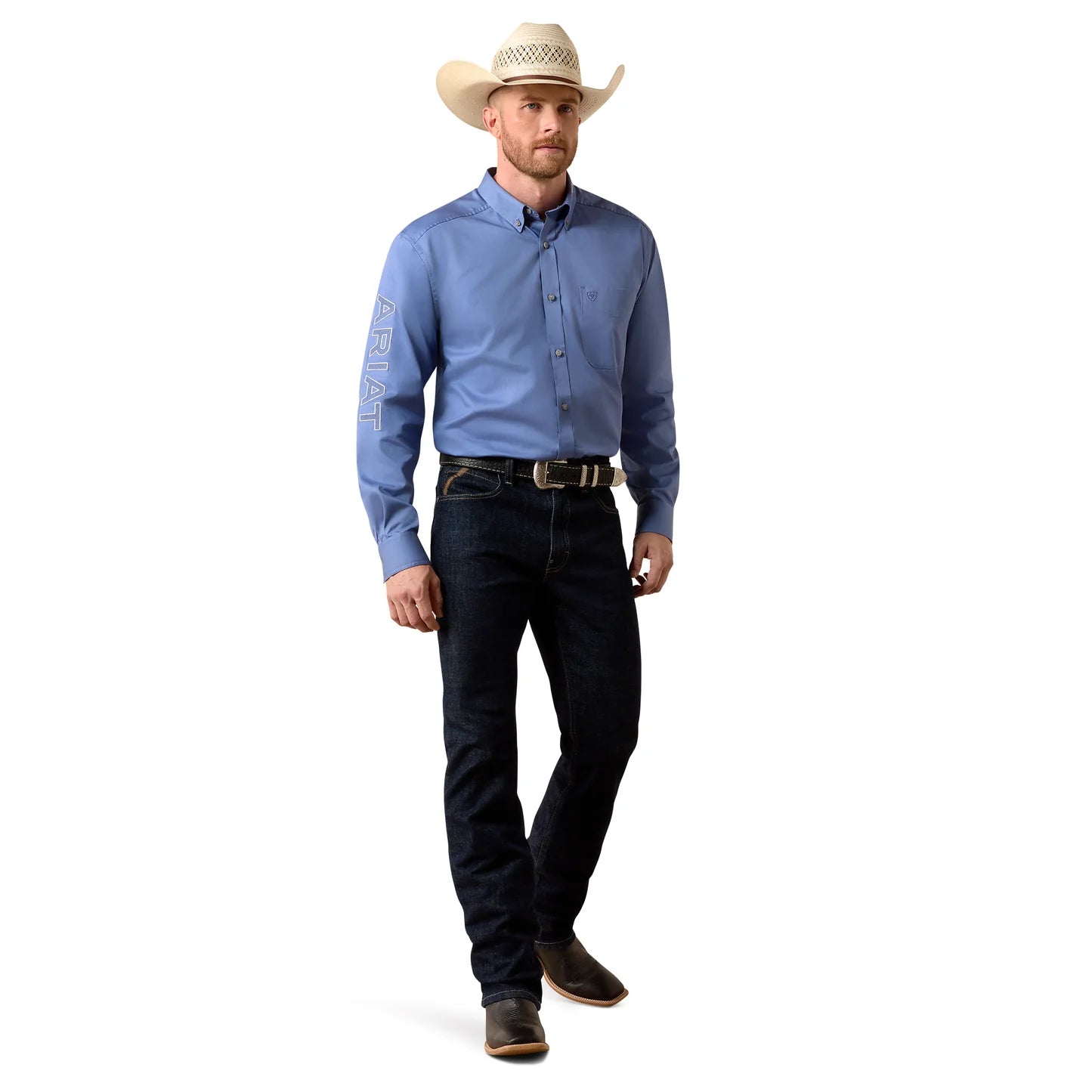 ARIAT MENS TEAM LOGO LIGHTWEIGHT TWILL LS SHRT COLONIAL BLUE/WHITE 10073660