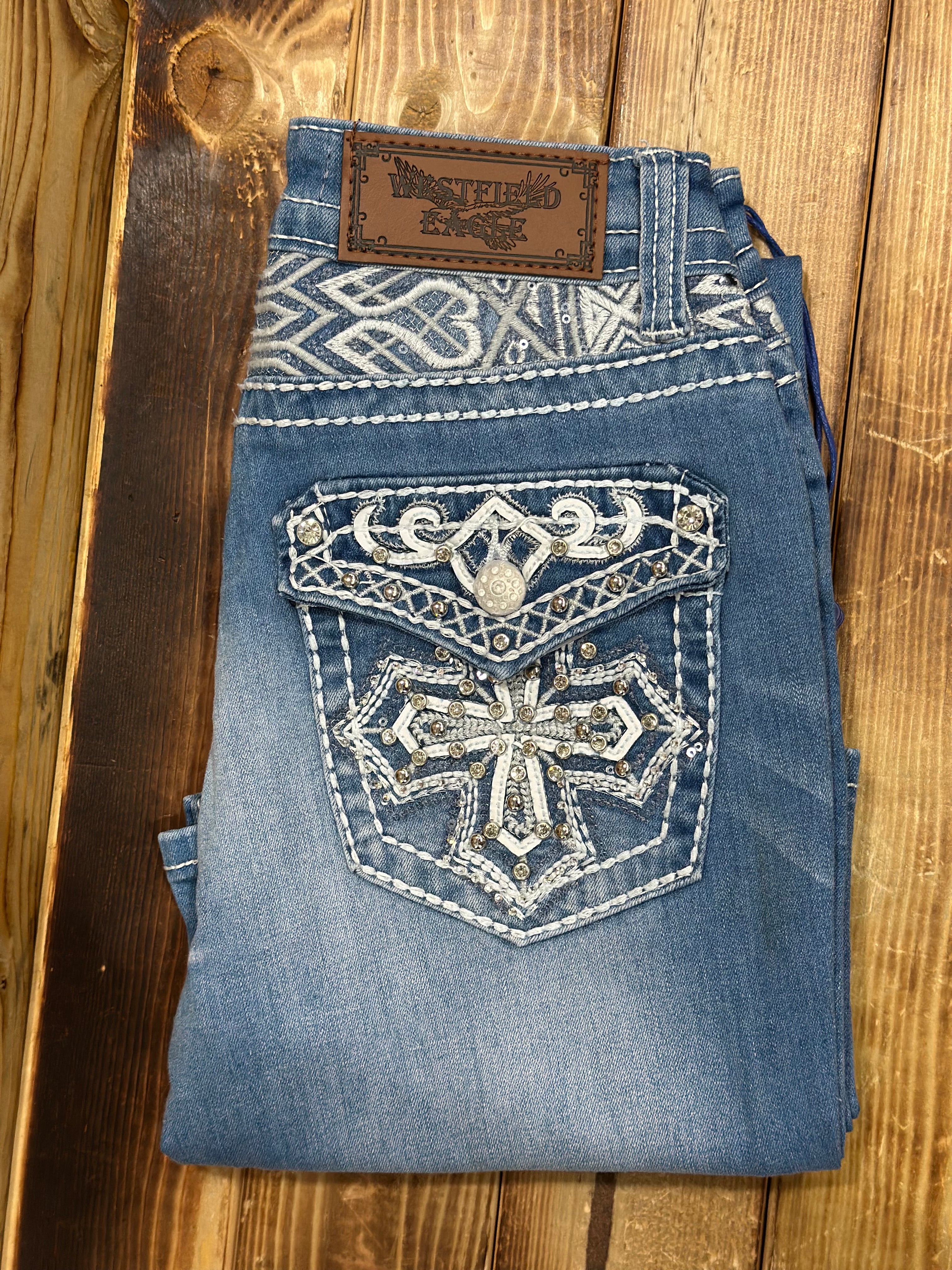 WESTFIELD EAGLE CROSS RHINESTONE LIGHT WASH BOOTCUT WOMEN JEANS WT-123