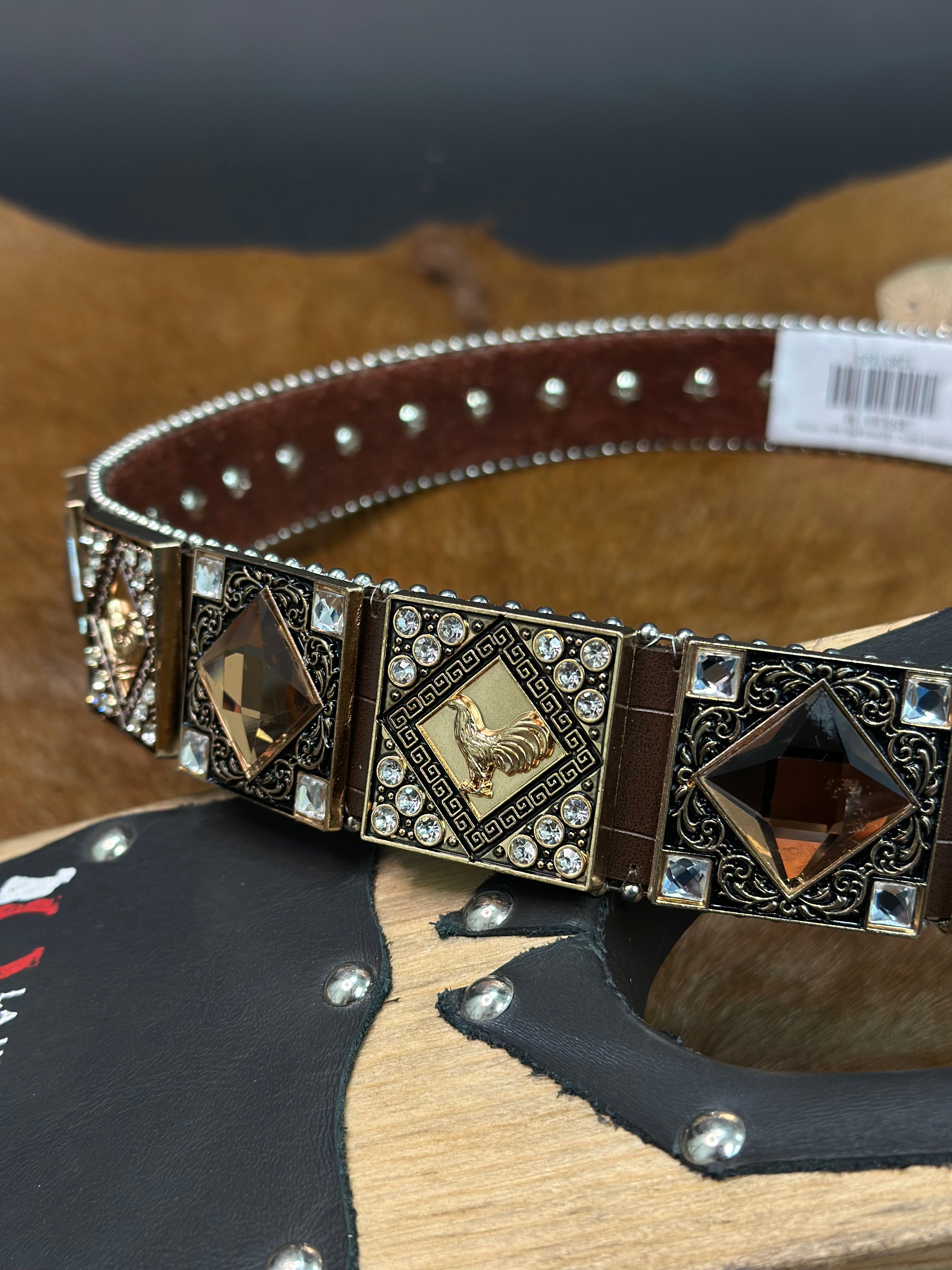 BROWN EXOTIC CLEAR BLING UNISEX BELT ROSE/ BLACK BUCKLE