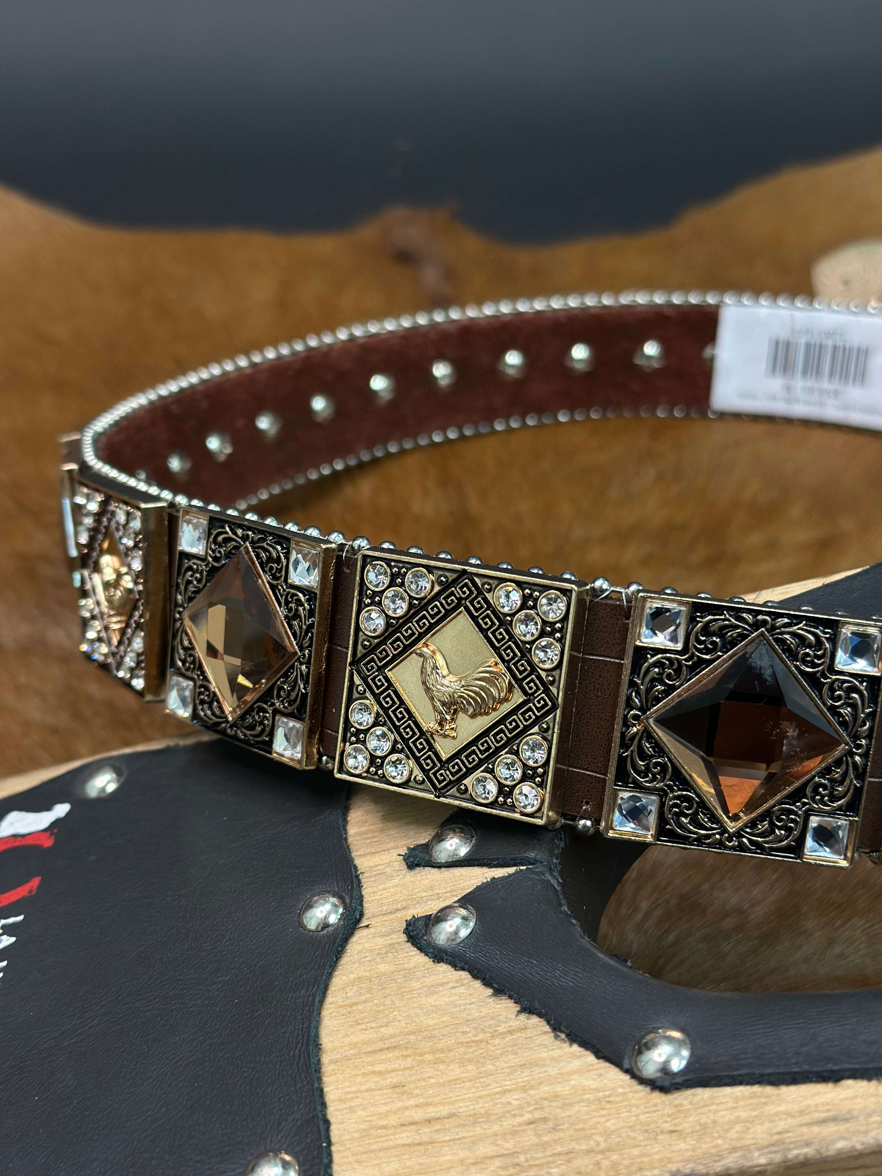 BROWN EXOTIC CLEAR BLING UNISEX BELT ROSE/ BLACK BUCKLE Laherradurawwnc.com