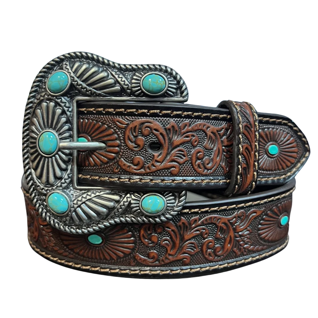 Cinturón marrón Nocona para mujer con diseño vaquero turquesa