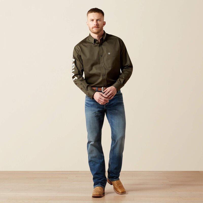 ARIAT MEN OLIVE /KHAKI TEAM LOGO TWILL CLSSC LS SHIRT-10065845