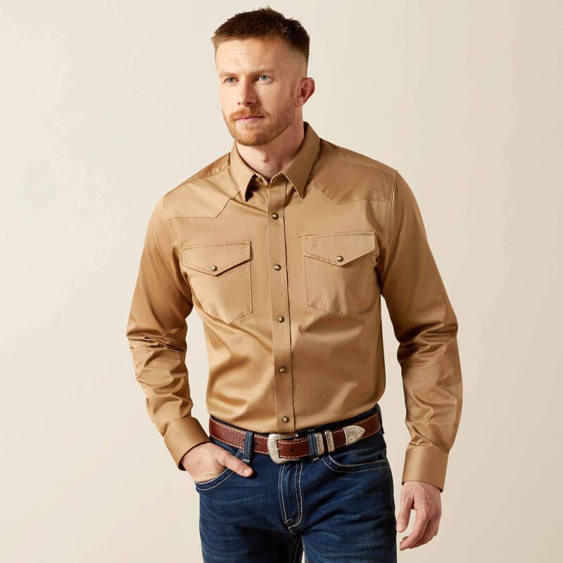 ARIAT KHAKI SOLID TWILL FTD SNP LS SHIRT -10065873