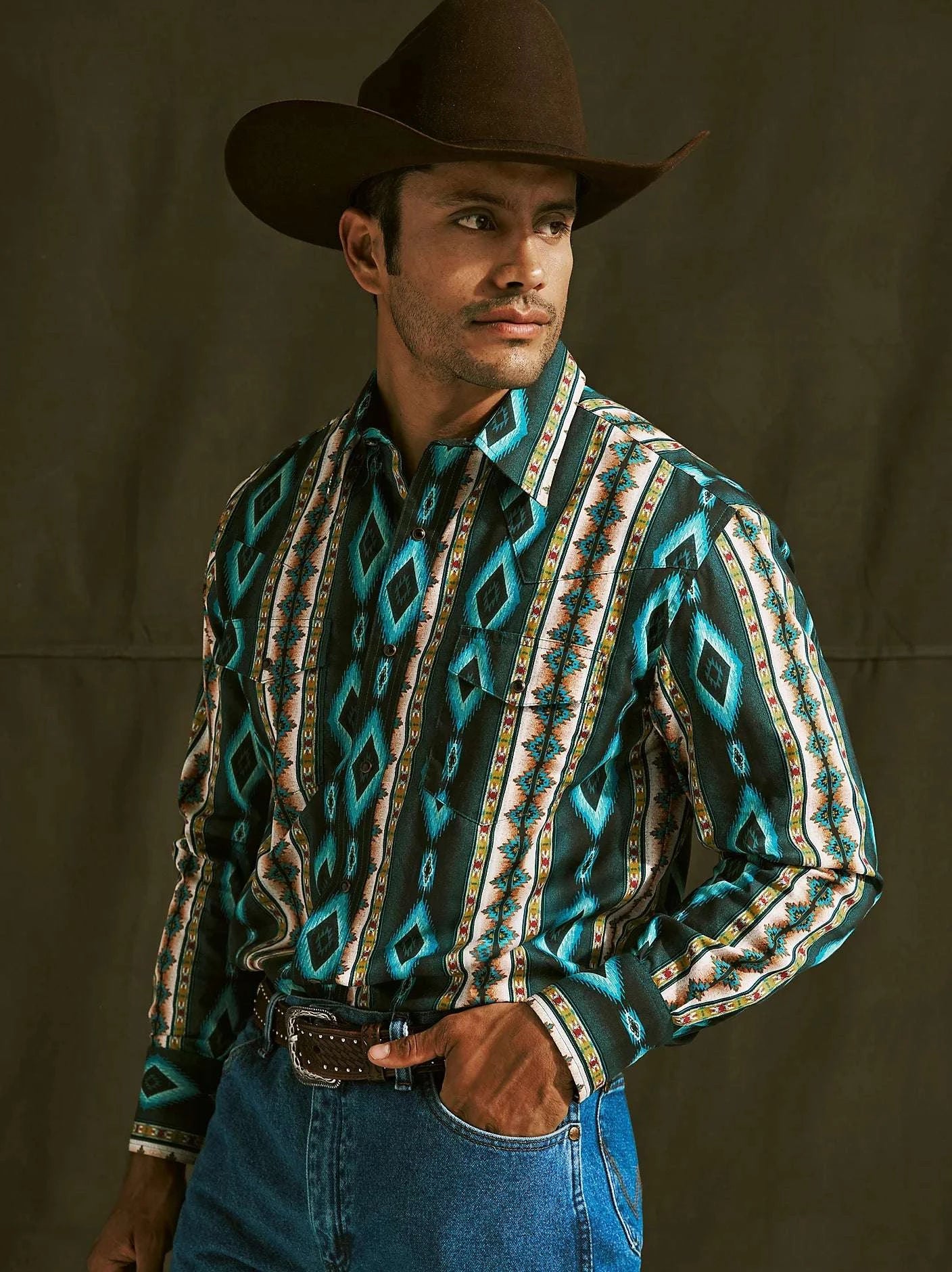 WRANGLER BLUE AZTEC LS SHIRT -112369467 Laherradurawwnc.com