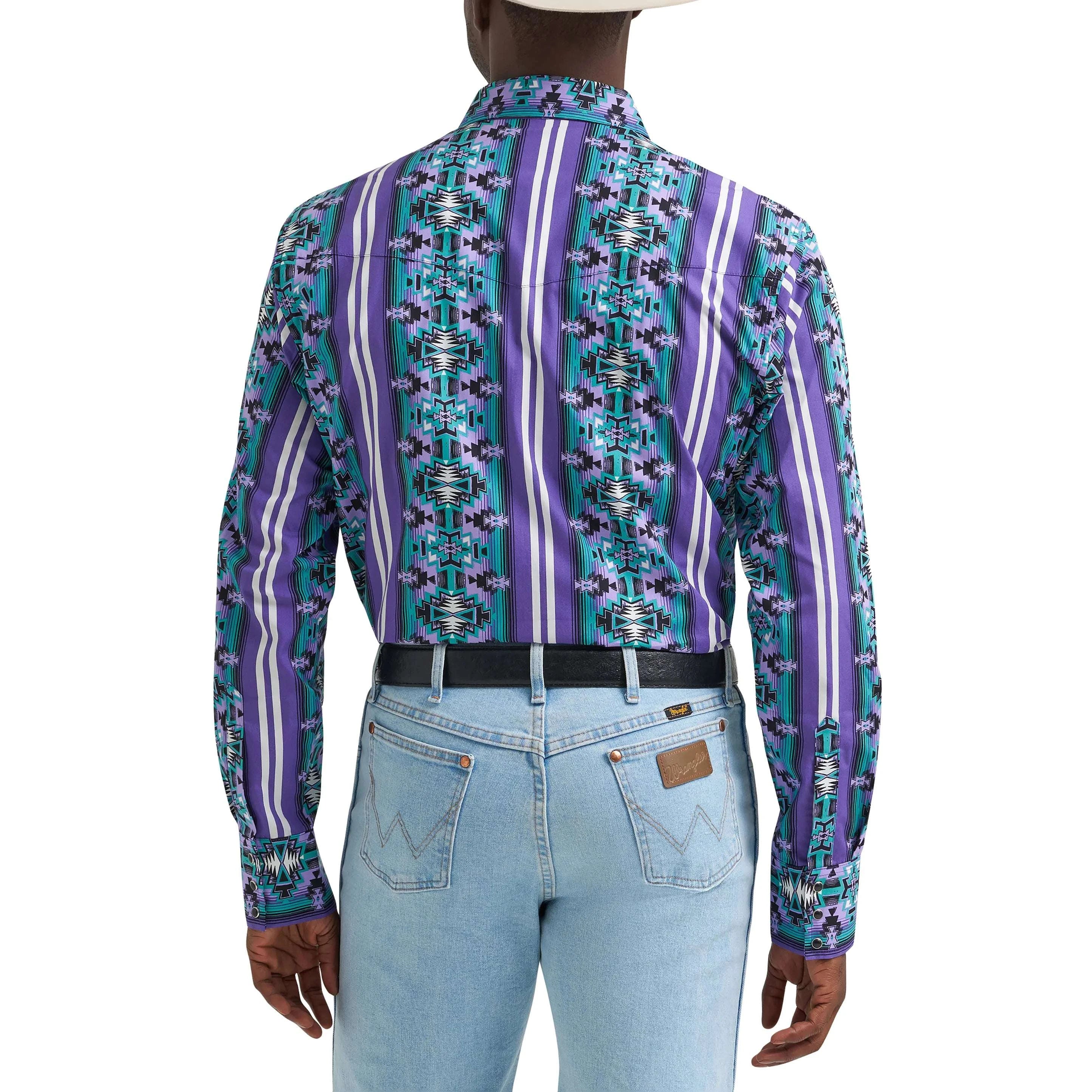 WRANGLER MEN PURAL SNAP LONG SLEEVE SHIRT PURPLE AZTEC PRINT 112374916 Laherradurawwnc.com
