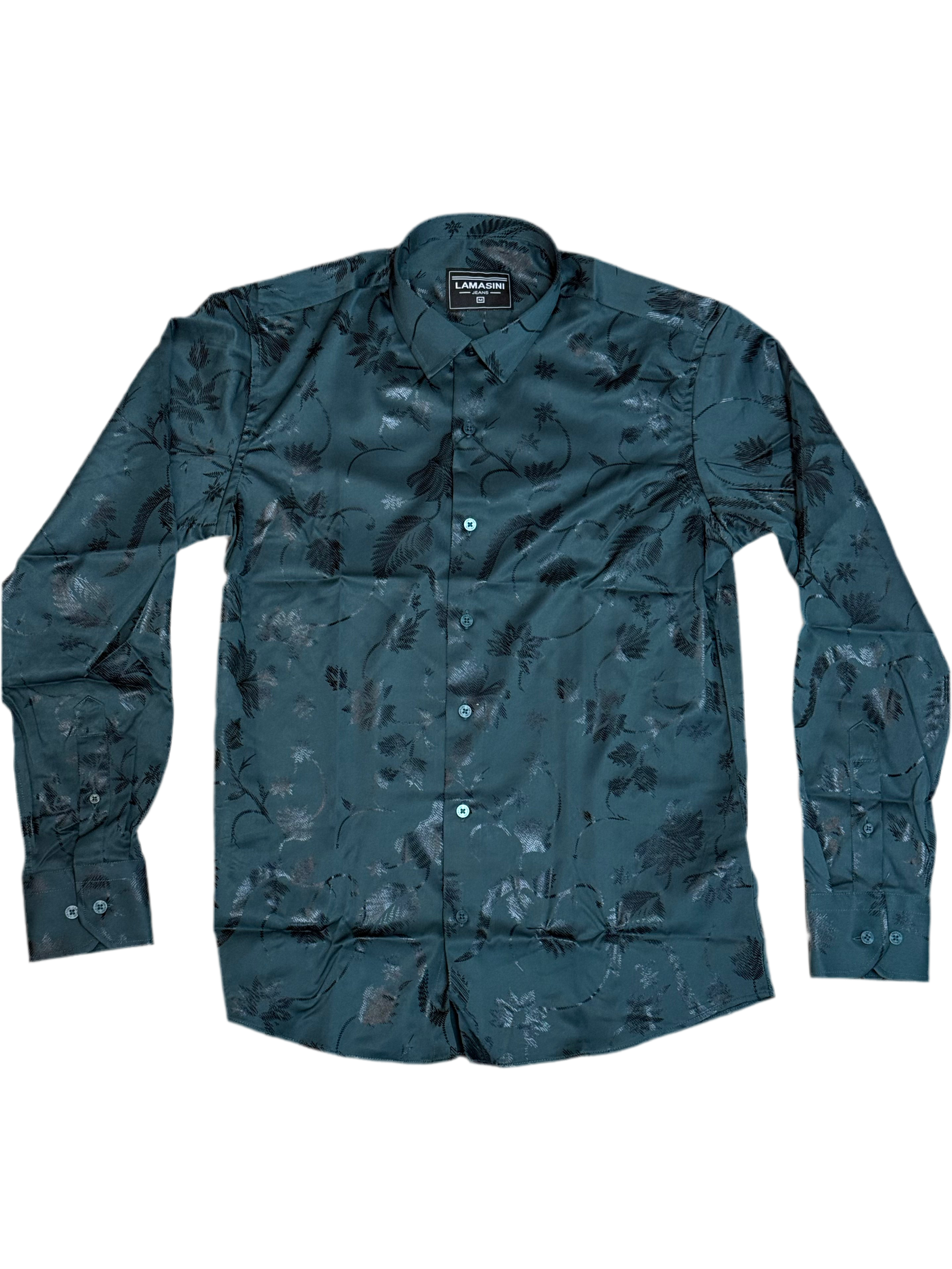 LAMASINI MENS SHIRT MODERN FIT STRETCH FOIL GREEN SHIRT - LAM4477