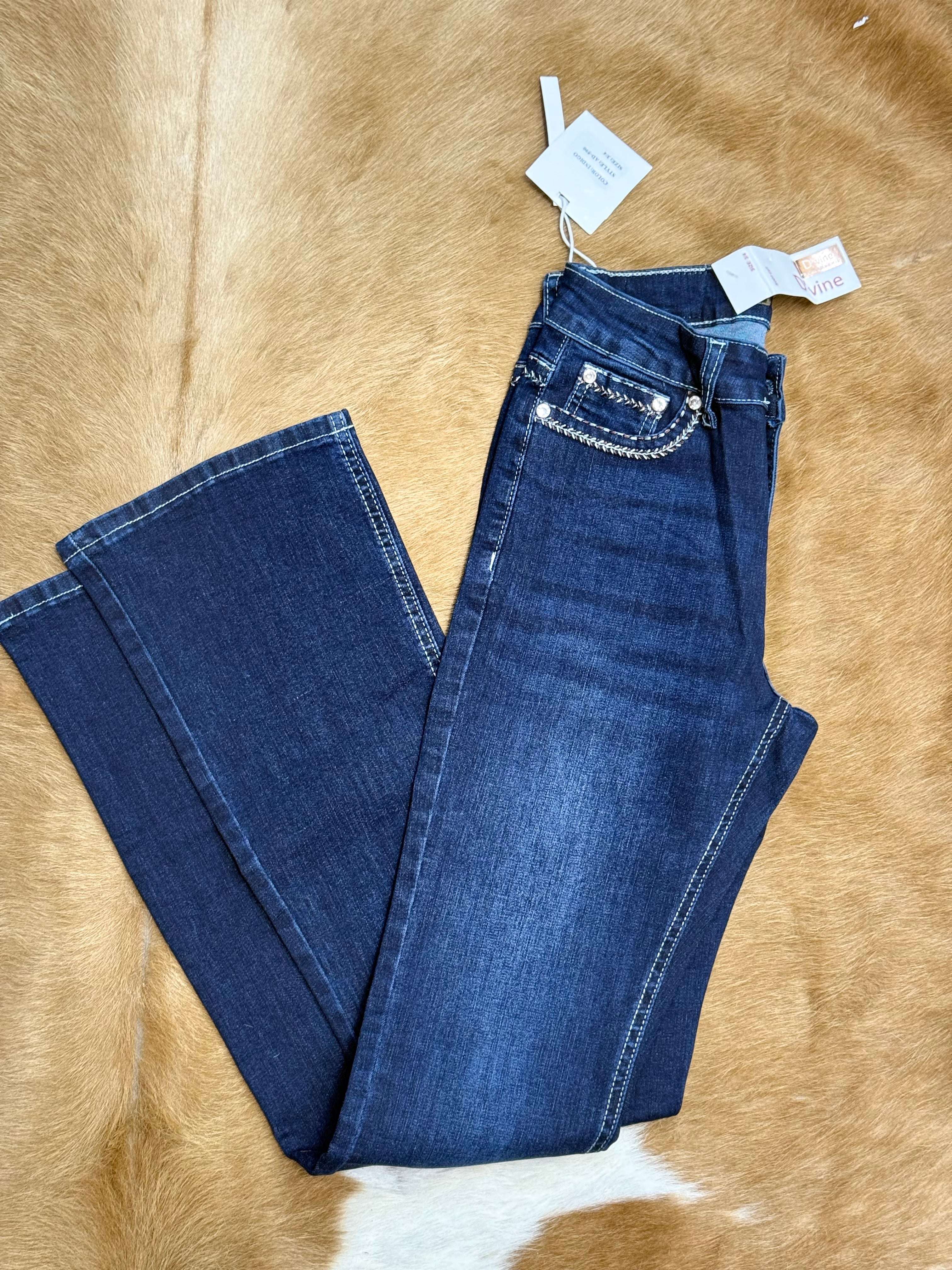 D’VINE INDIGO DARK BLUE BOOT CUT JEAN LONG HORS FATHERS BROWN & ORANGE EMBROIDERY AD-590 Laherradurawwnc.com