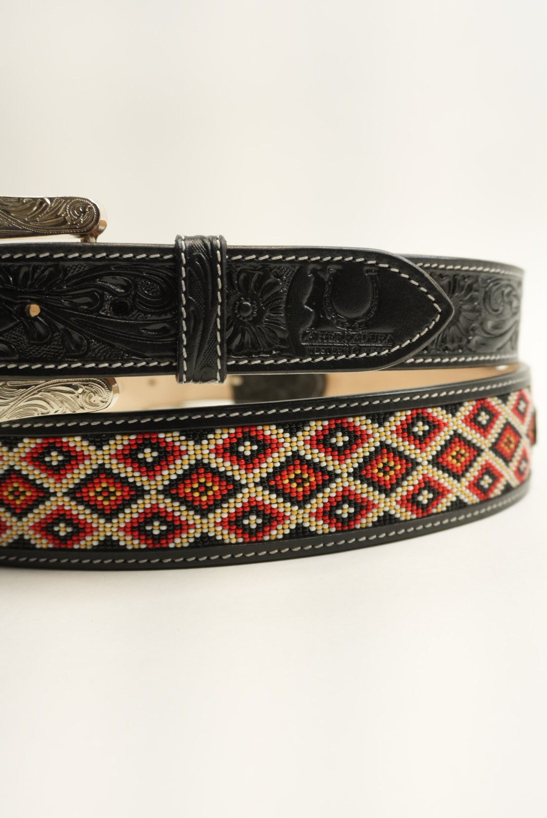 LA HERRADURA BELT AZTEC BLACK RHOMBUS RED NEW DESIGN