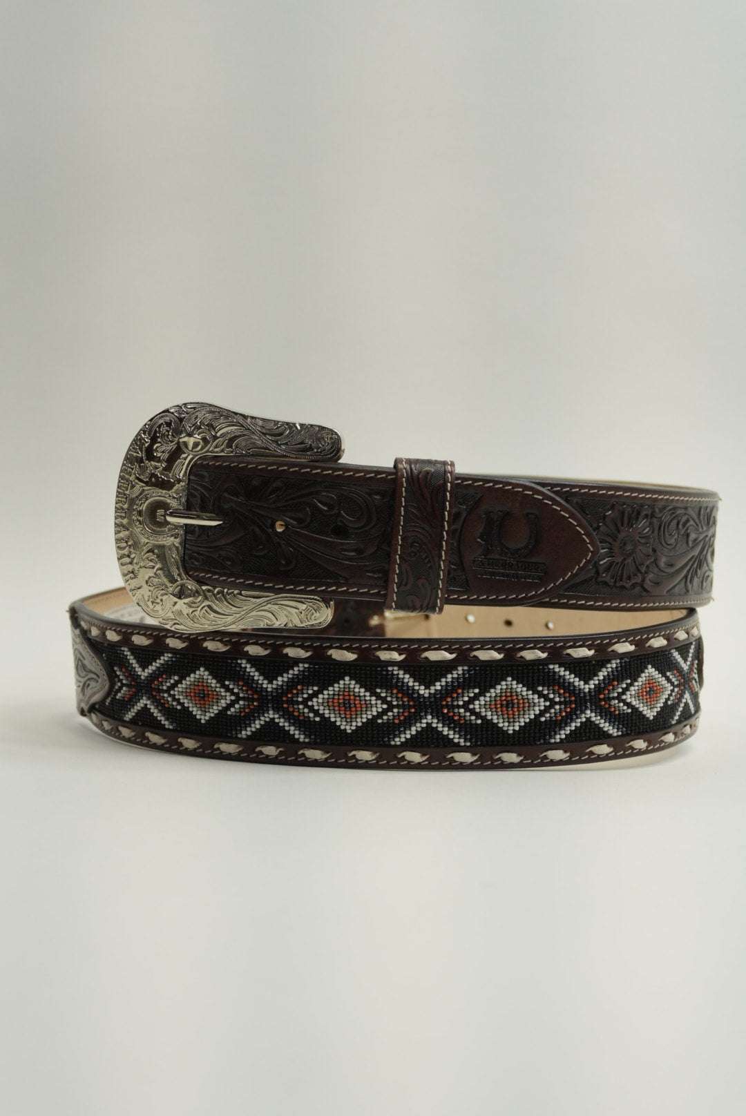 LA HERRADURA BELT 2 INCH CHOCOLATE AZTEC BROWN/ NAVY BLUE WITH ORANGE NEW DESIGN Laherradurawwnc.com