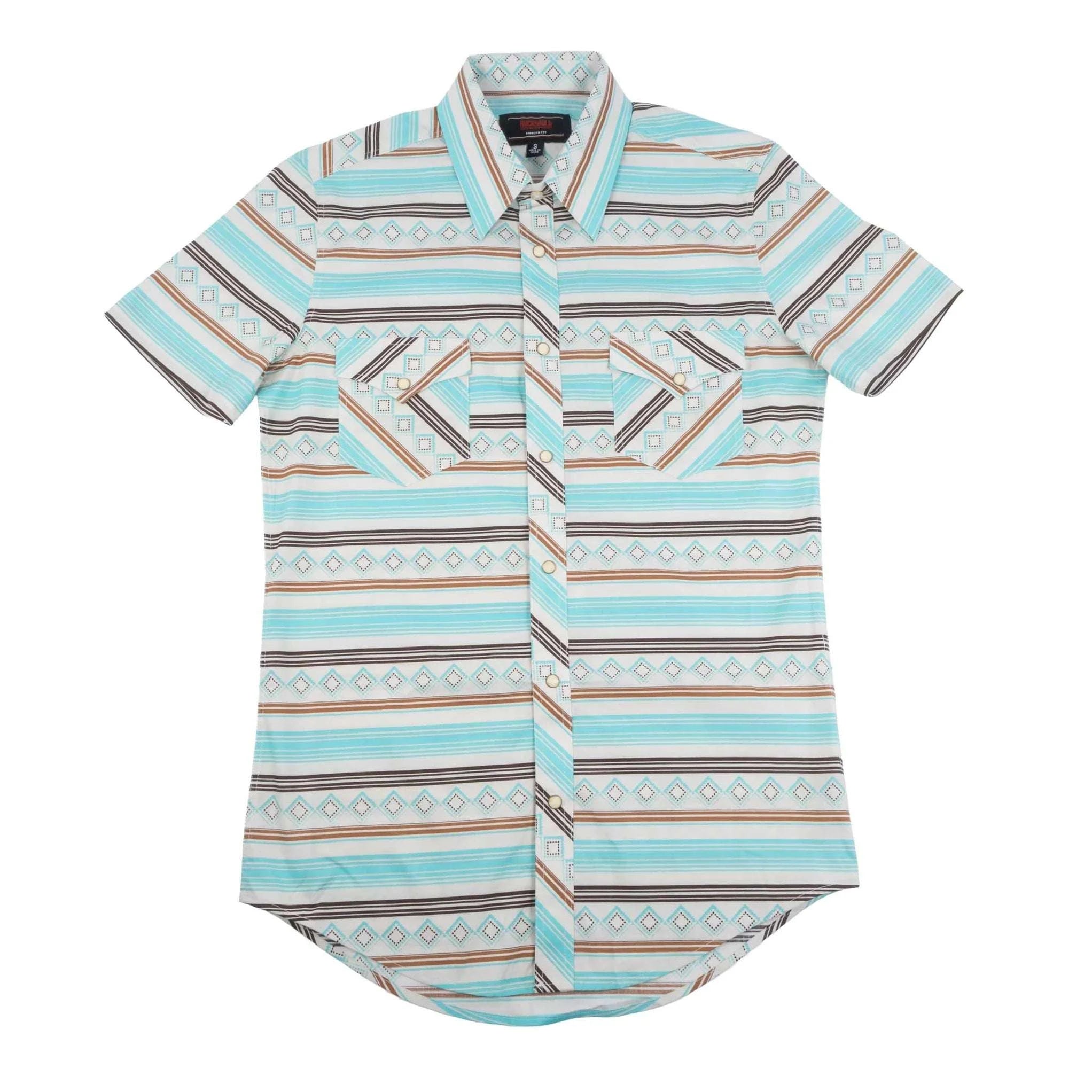 ROCK&ROLL MENS TEAL STRIPE PRINTED SHIRT SHORT SLEEVE - BMN3S08654 Laherradurawwnc.com