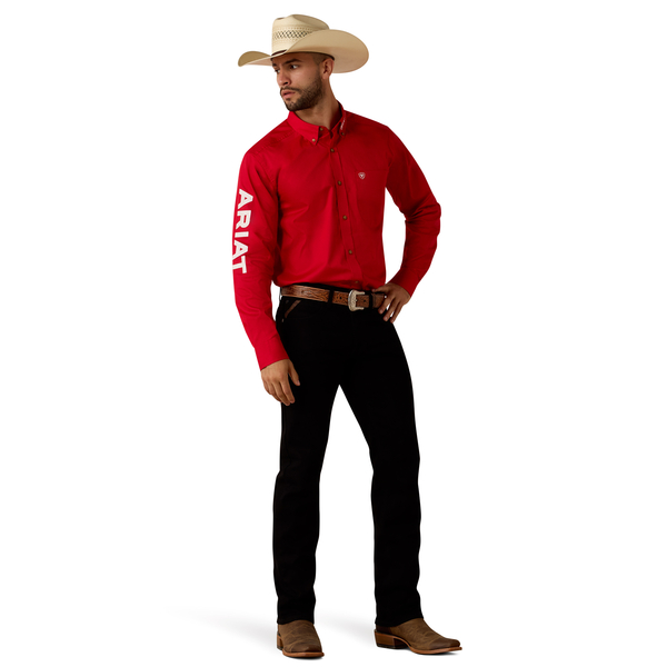 ARIAT MENS TEAM LOGO LIGHTWEIGHT TWILL FTD LS SHRT TANGO RED/WHITE 10073663