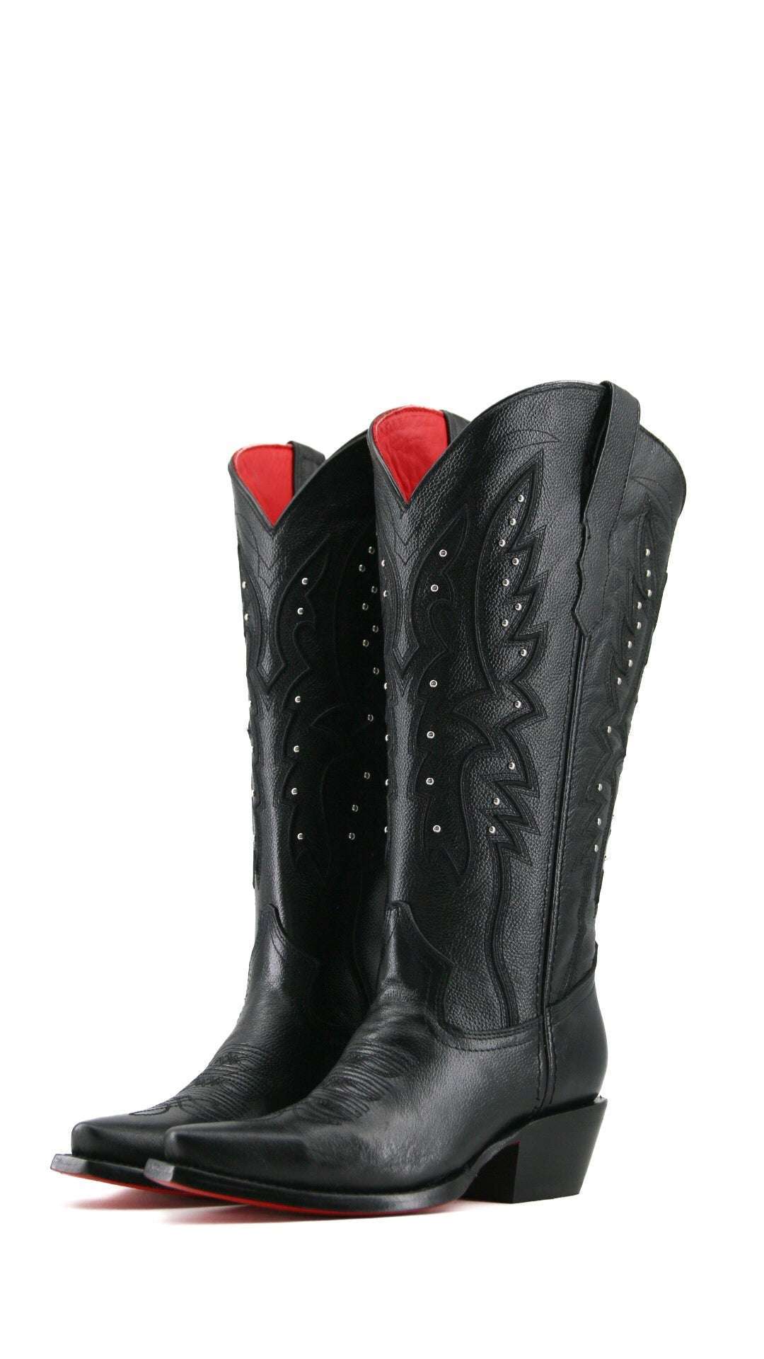 ROCKEM WOMEN “ALEXA” BORREGO BLACK SNIP TOE WIDE CALF RED BOTTOM BOOT Laherradurawwnc.com