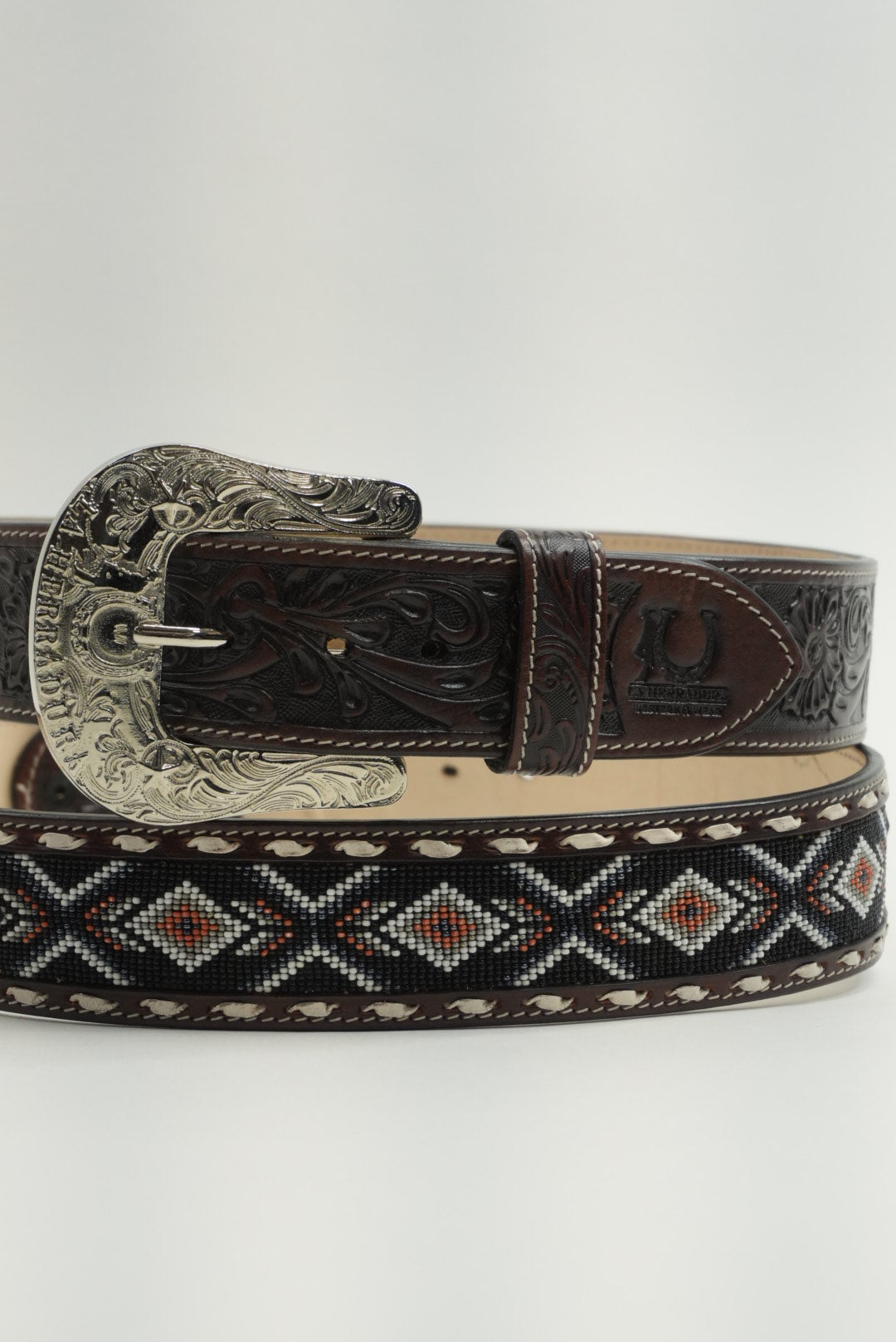LA HERRADURA BELT 2 INCH AZTEC BROWN/ NAVY BLUE WITH ORANGE NEW DESIGN