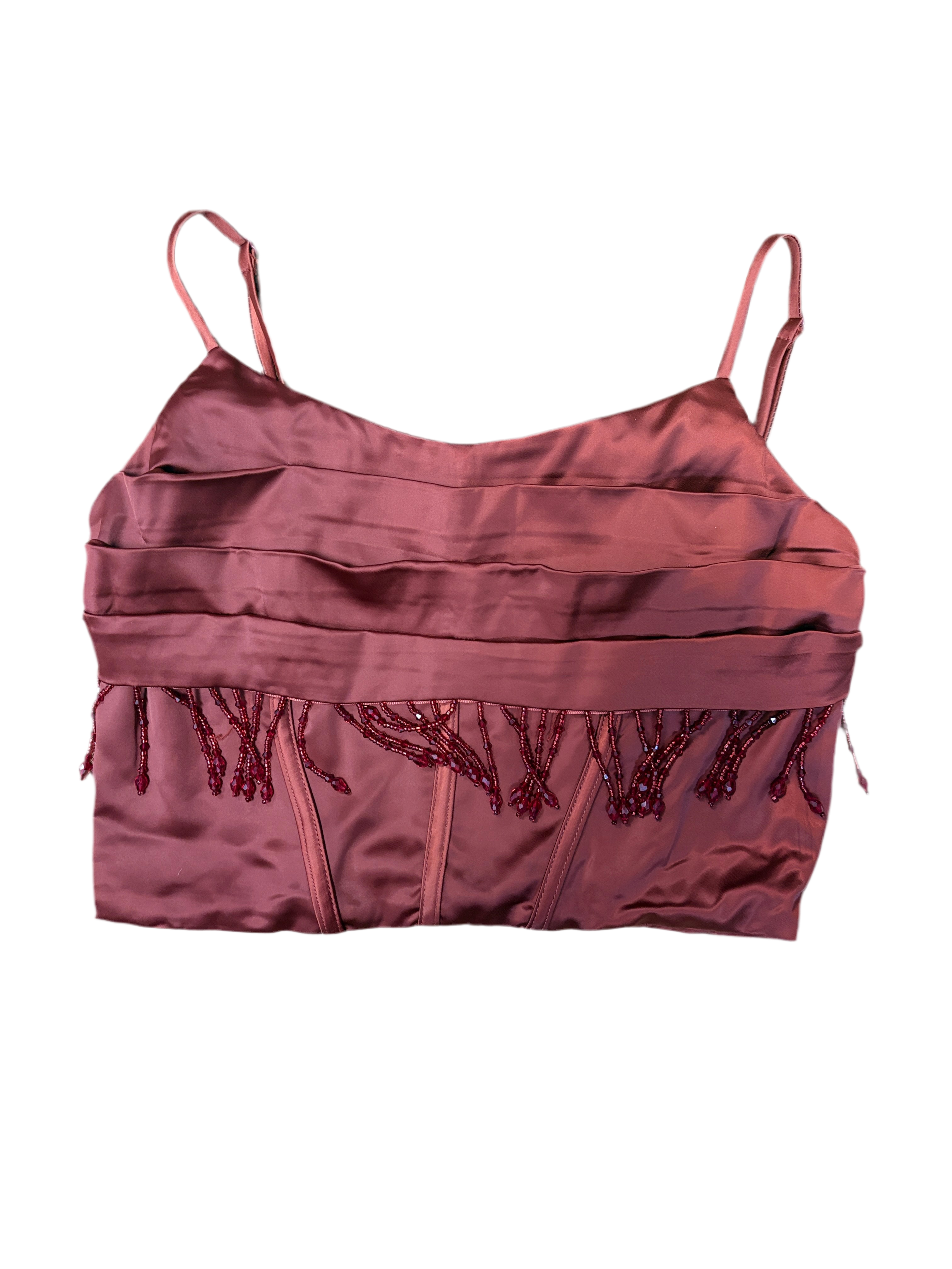 DO+BE BURGANDY CRYSTAL FRINGE SPAGHETTI STRAP TOP