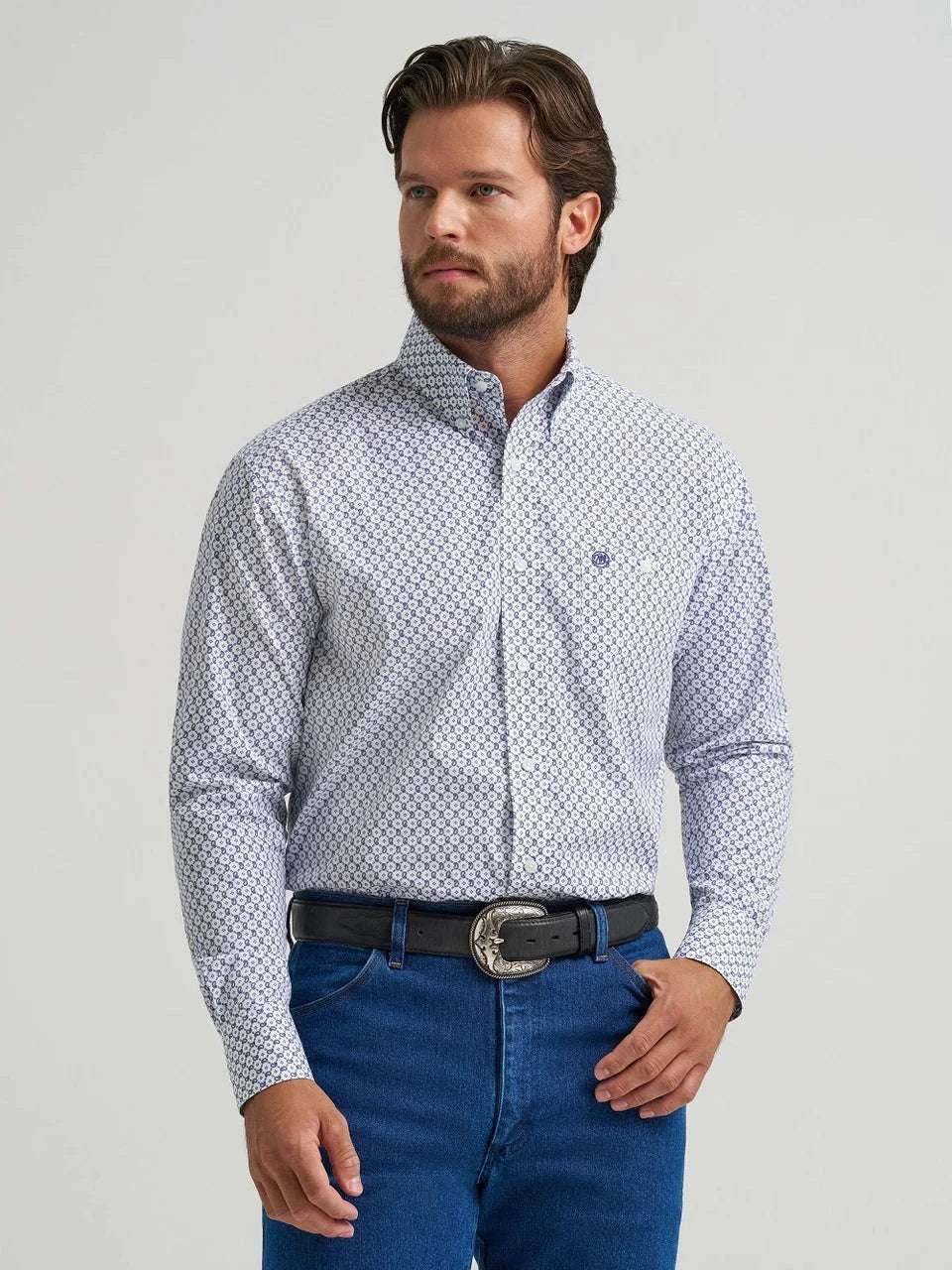WRANGLER RELAXED FIT BLUE/WHITE PRINT MEN SHIRT- 112379162 Laherradurawwnc.com
