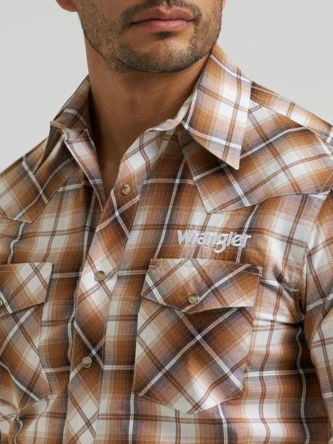MEN'S BROWN CHECKERED LONG SLEEVE WRANGLER SHIRT WITH LETTERS ON THE SLEEVE 112381988