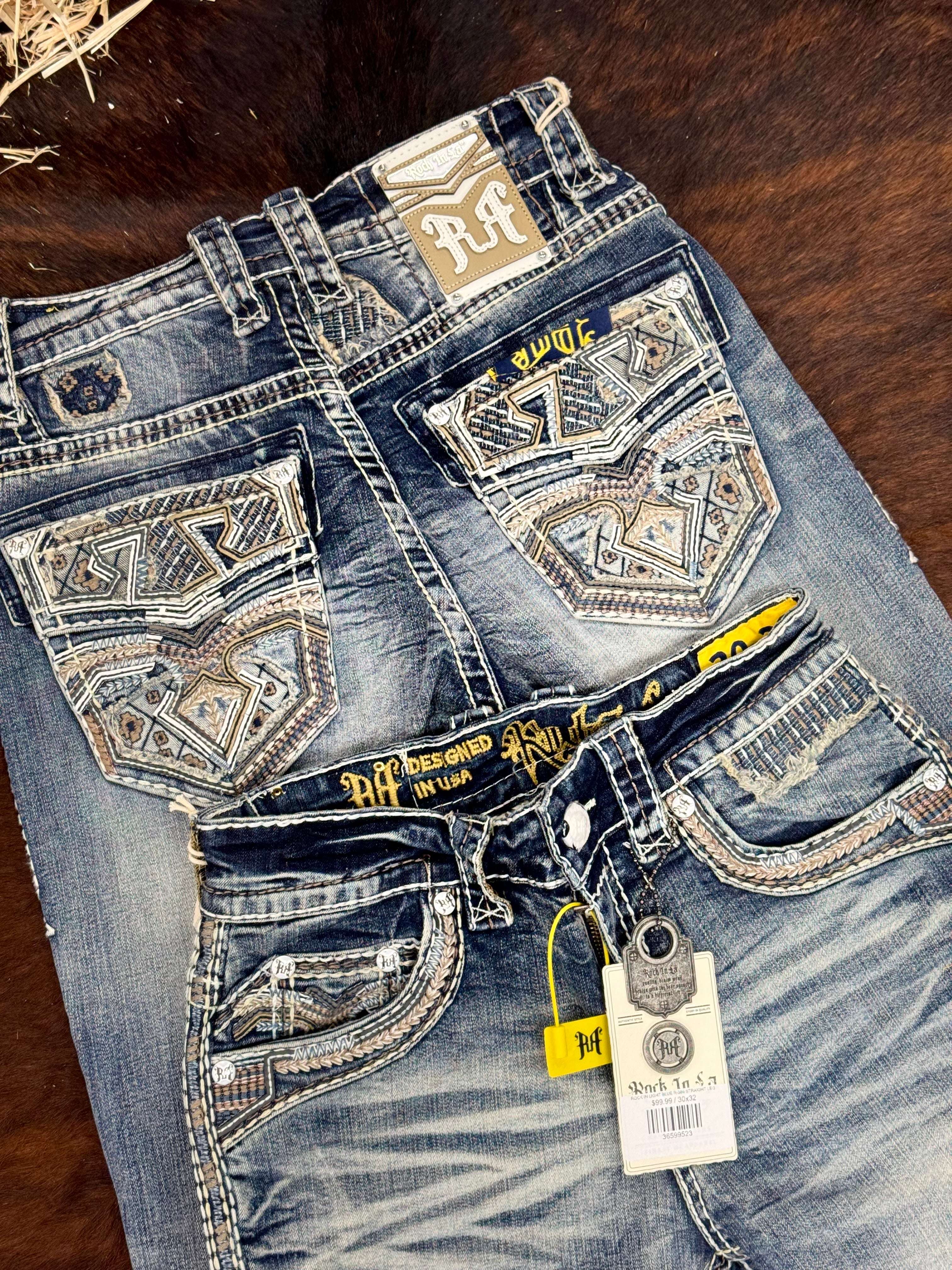 ROCK IN LA MENS LIGHT BLUE R-386 STRAIGHT LEG BOOT CUT JEANS Laherradurawwnc.com
