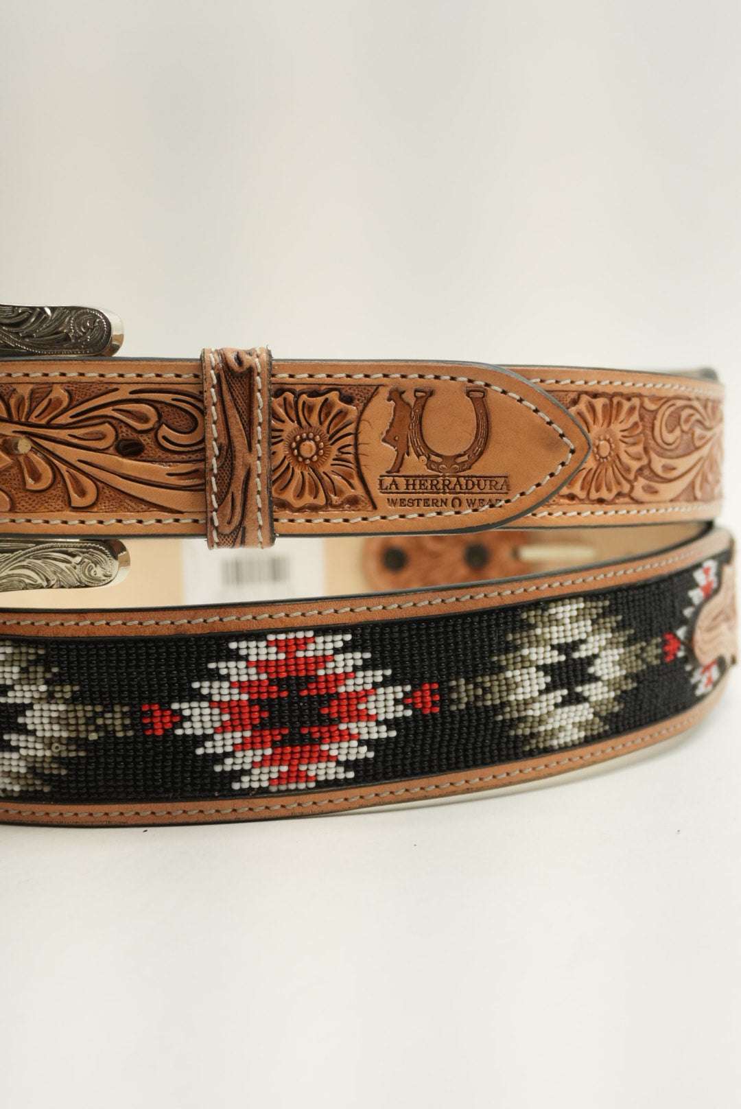 LA HERRADURA BELT AZTEC BROWN LIGHT RED WITH GREY PRINT WESTERN STYLE NEW DESIGN Laherradurawwnc.com