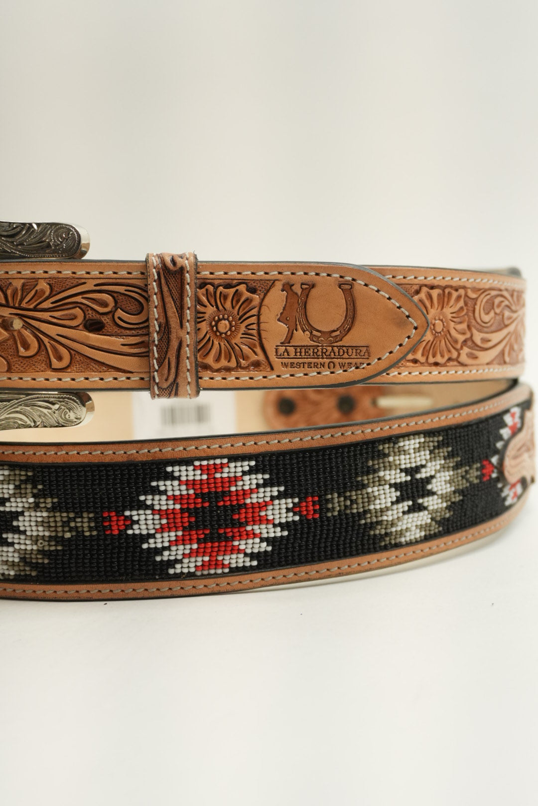 LA HERRADURA BELT AZTEC BROWN LIGHT RED WITH GREY PRINT WESTERN STYLE NEW DESIGN