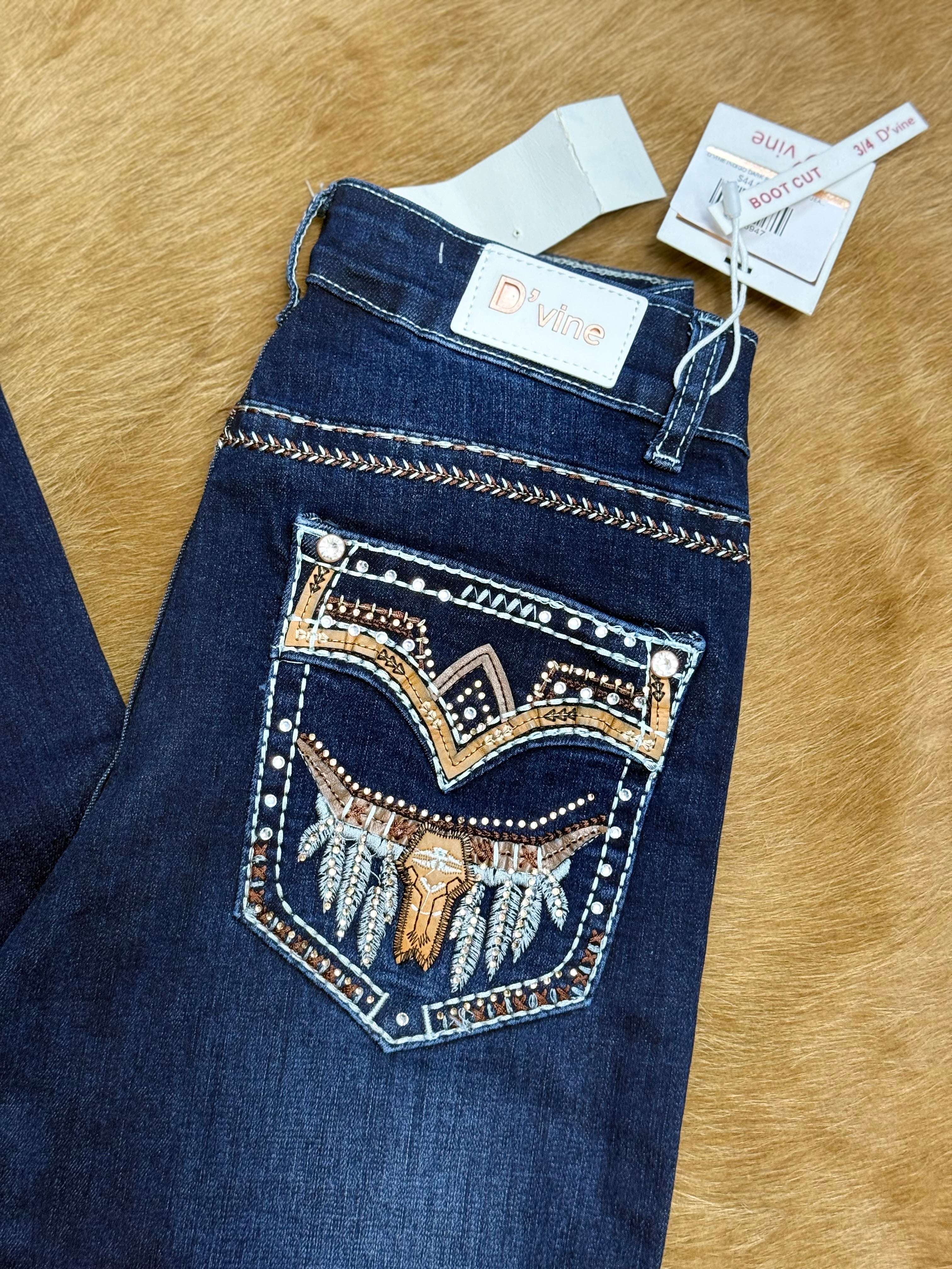 D’VINE INDIGO DARK BLUE BOOT CUT JEAN LONG HORS FATHERS BROWN & ORANGE EMBROIDERY AD-590 Laherradurawwnc.com