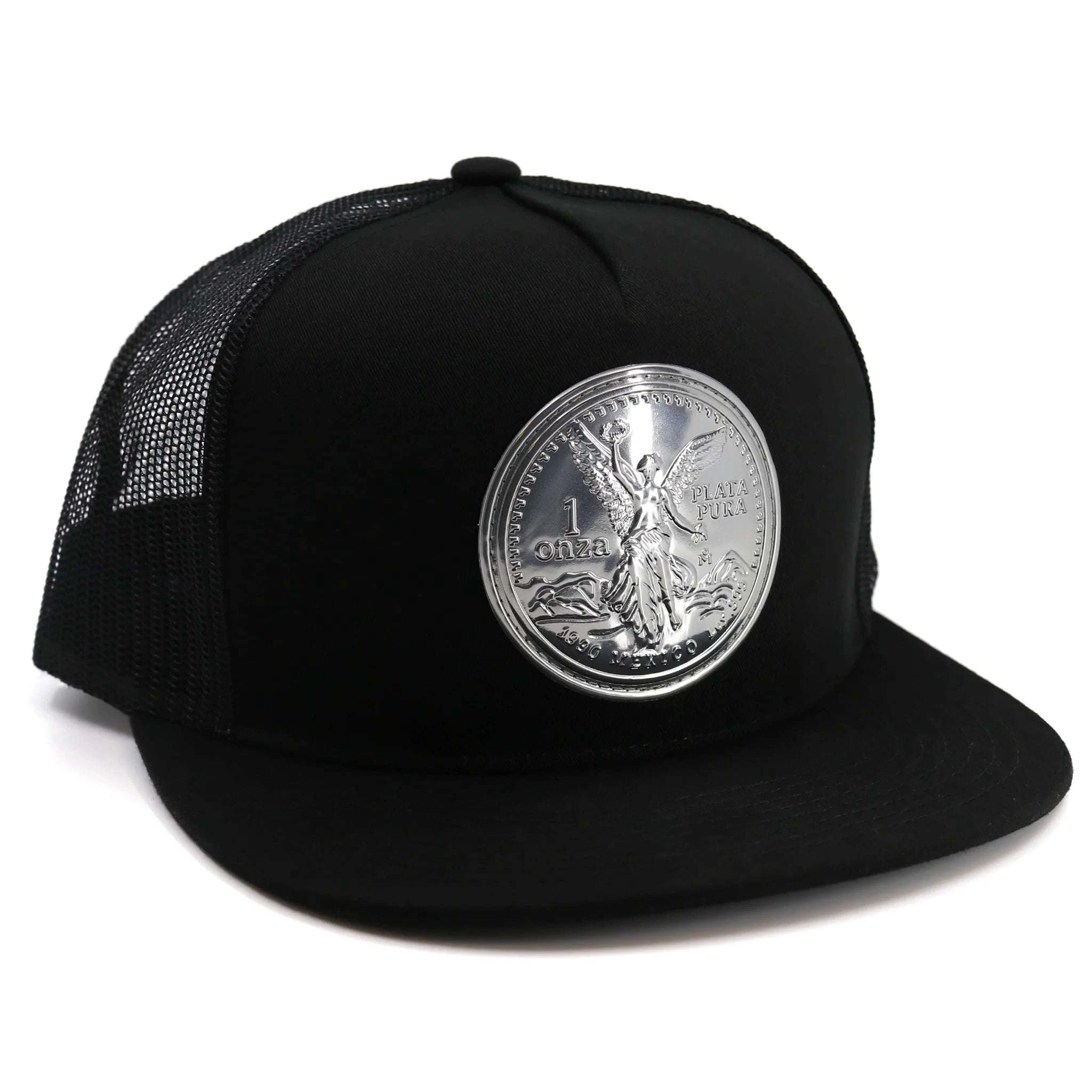 Black trucker cap with a silver coin emblem