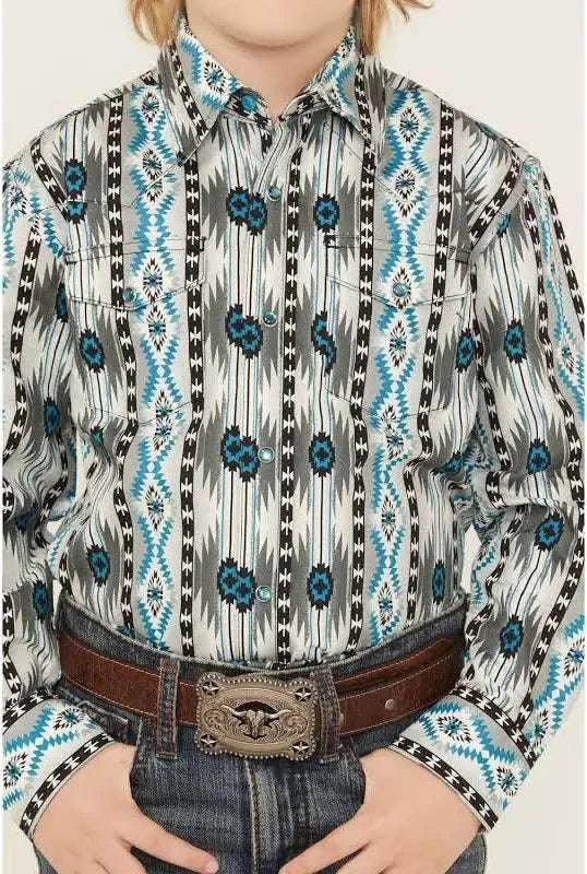 BOY'S WRANGLER LONG SLEEVE SHIRT GREY AND BLUE 112359438 Laherradurawwnc.com