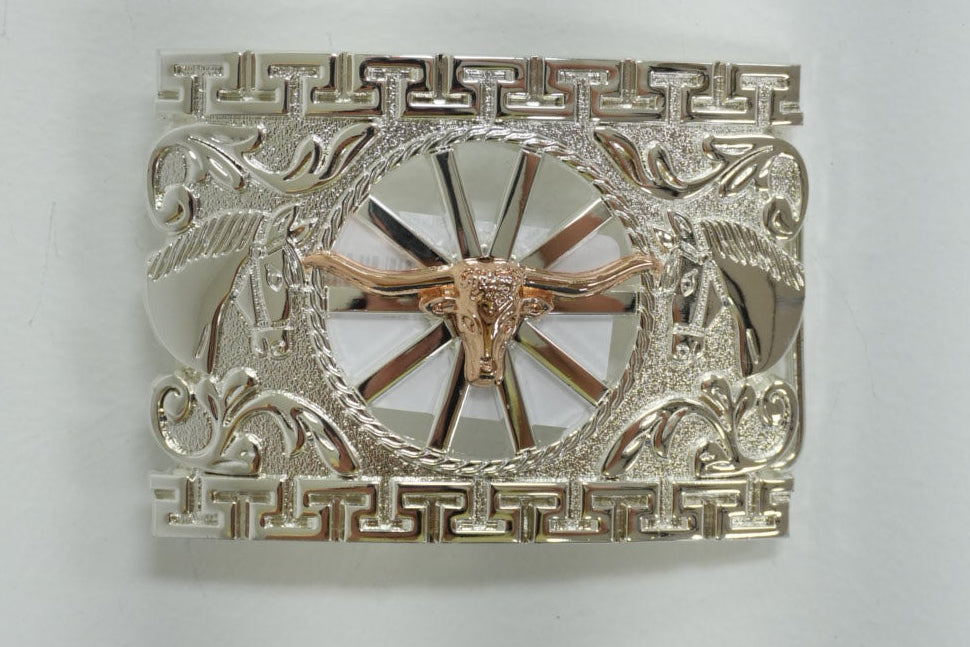 SQUARE GOLD AND SILVER LONGHORN BUCKLE