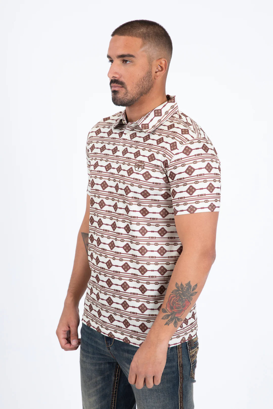 PLATINI MENS PERFORMANCE FABRIC MODERN FIT STRETCH AZTEC PRINT POLO BEIGE PGP11433
