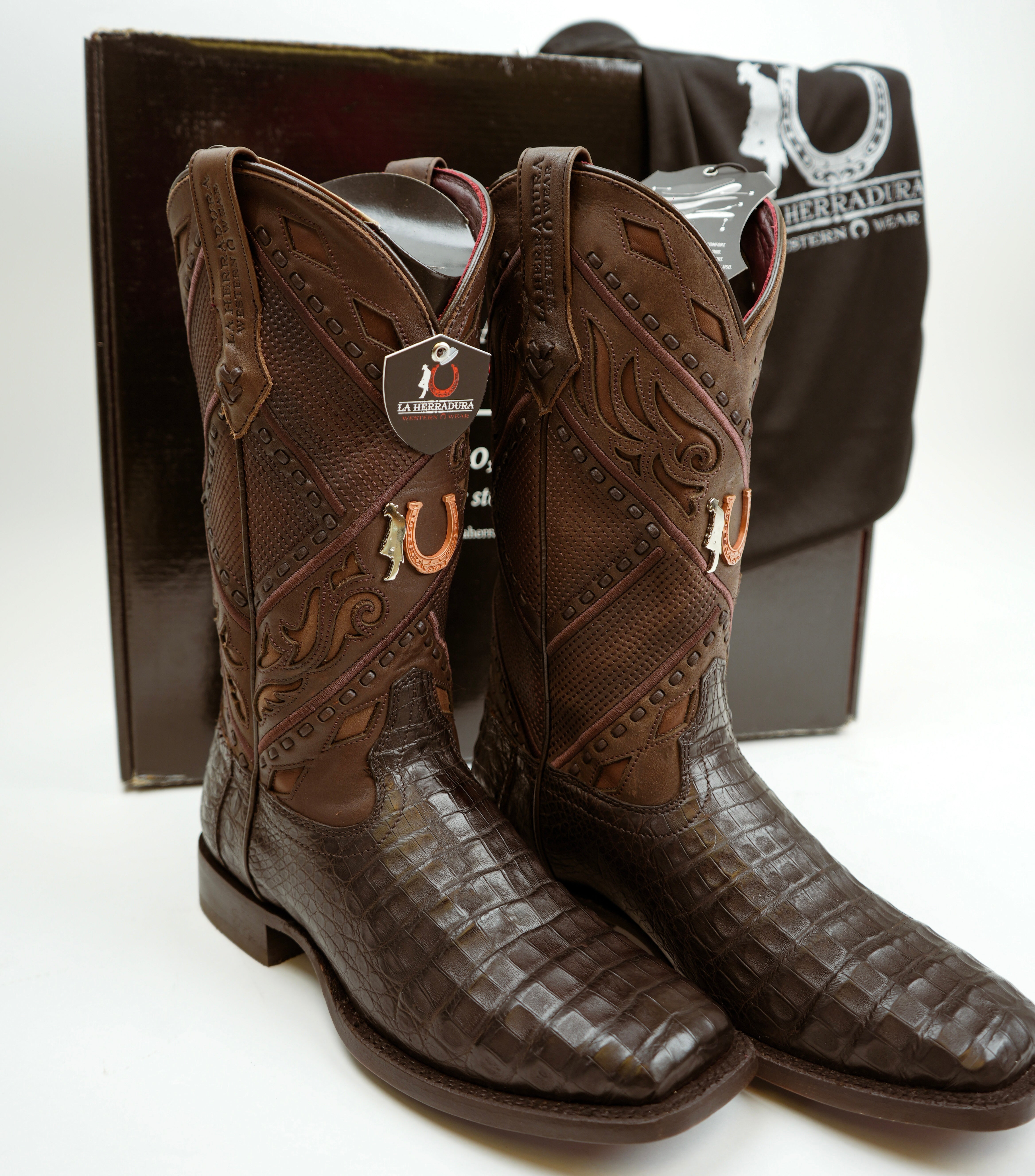 LA HERRADURA MENS PREMIUM BOOT EXOTIC CAIMAN CHOCOLATE SQ TOE