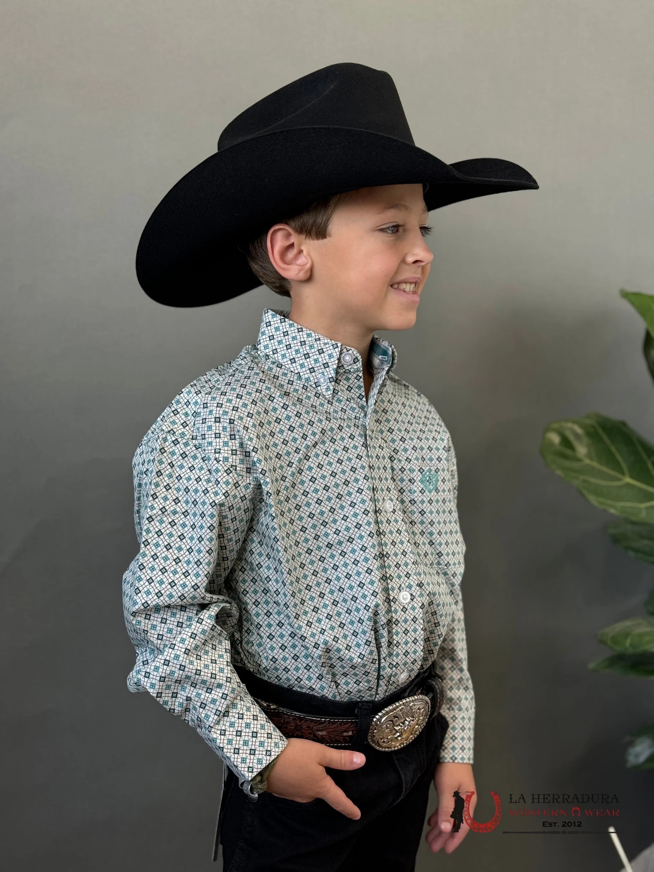 PANHANDLE KIDS LS 1PKT GEO BD TEAL PBB2S02307