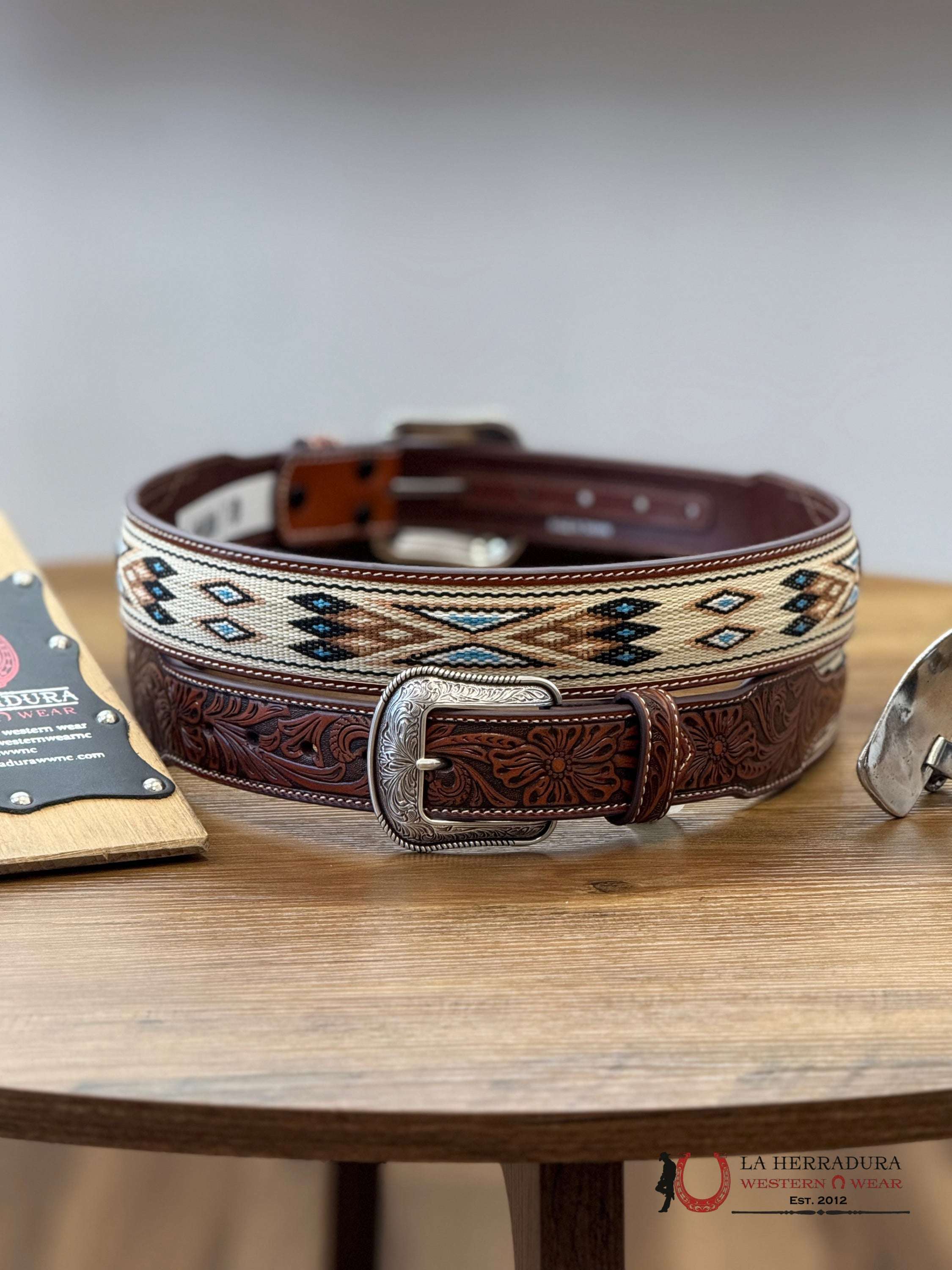 3D Belt Aztec Print Beige With Blue CINTURONES HOMBRES