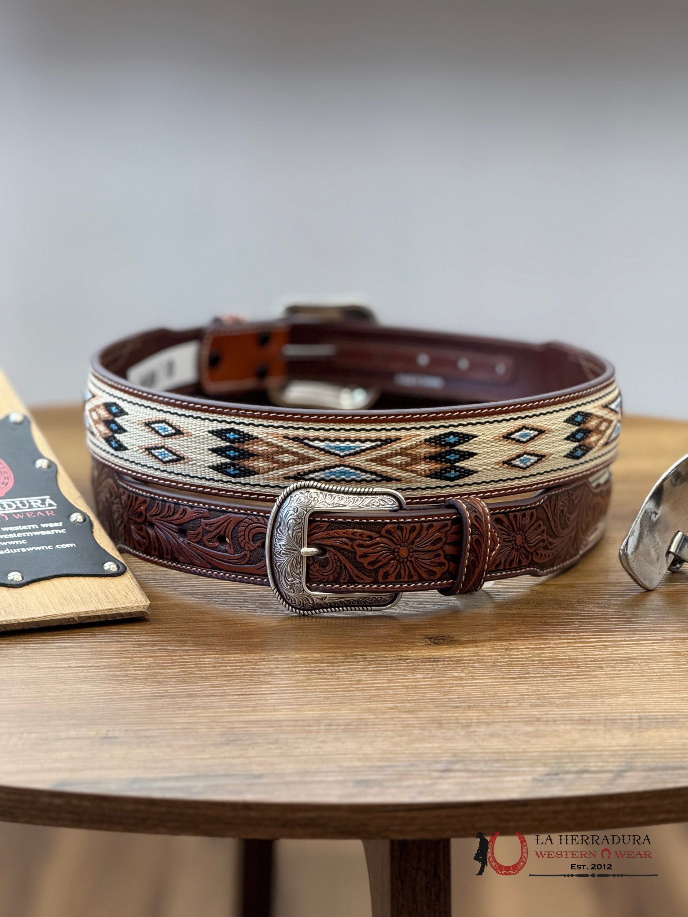 3D Belt Aztec Print Beige With Blue CINTURONES HOMBRES