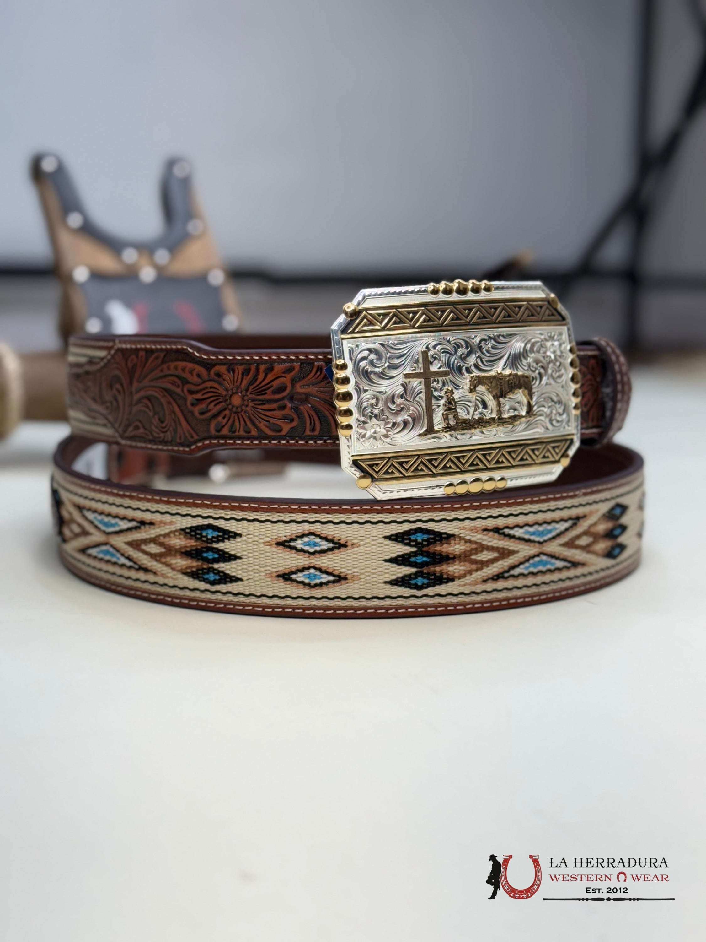 3D Belt Aztec Print Beige With Blue CINTURONES HOMBRES