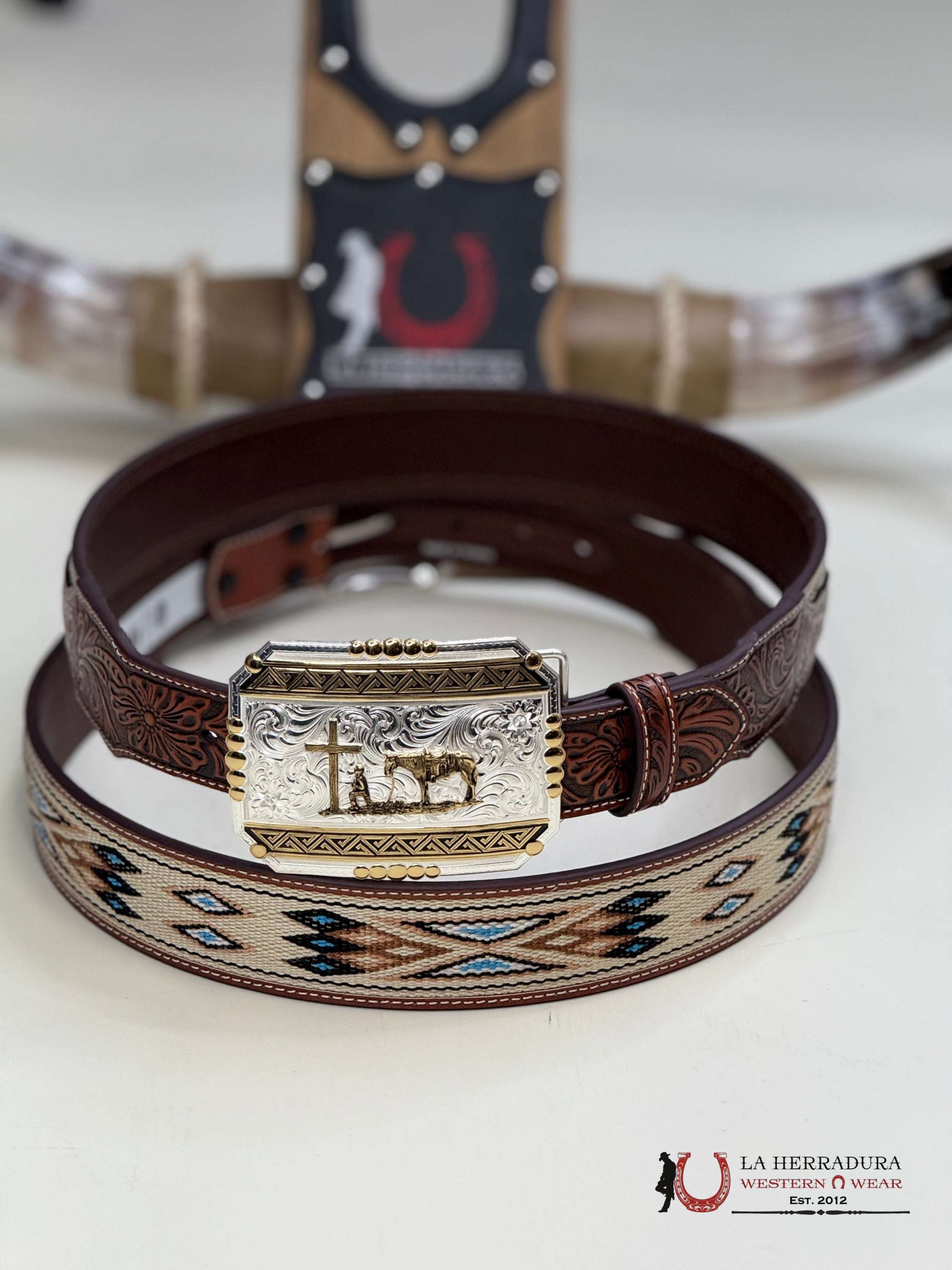 3D Belt Aztec Print Beige With Blue CINTURONES HOMBRES