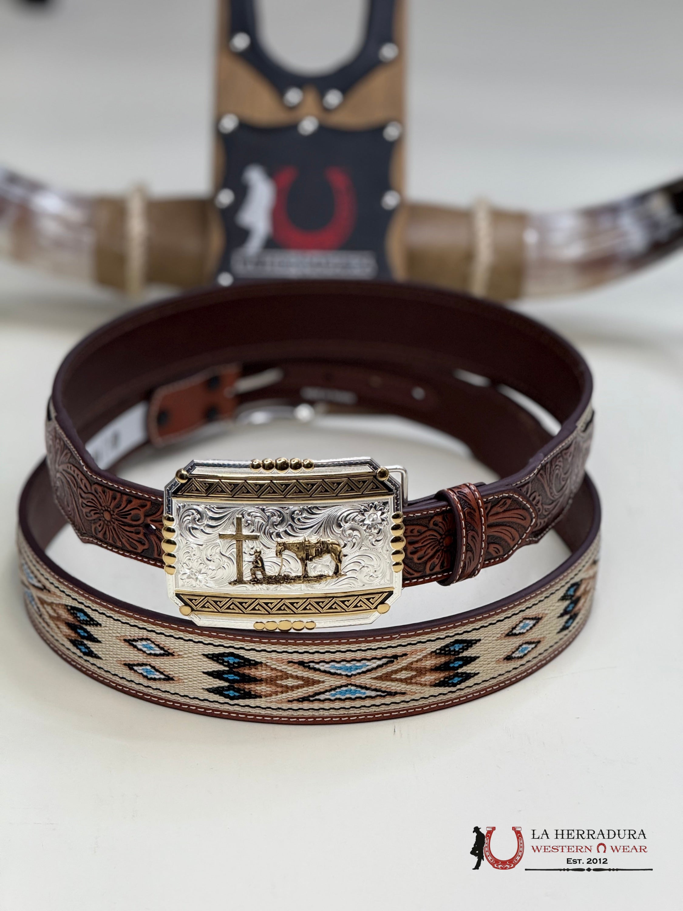 3D Belt Aztec Print Beige With Blue CINTURONES HOMBRES