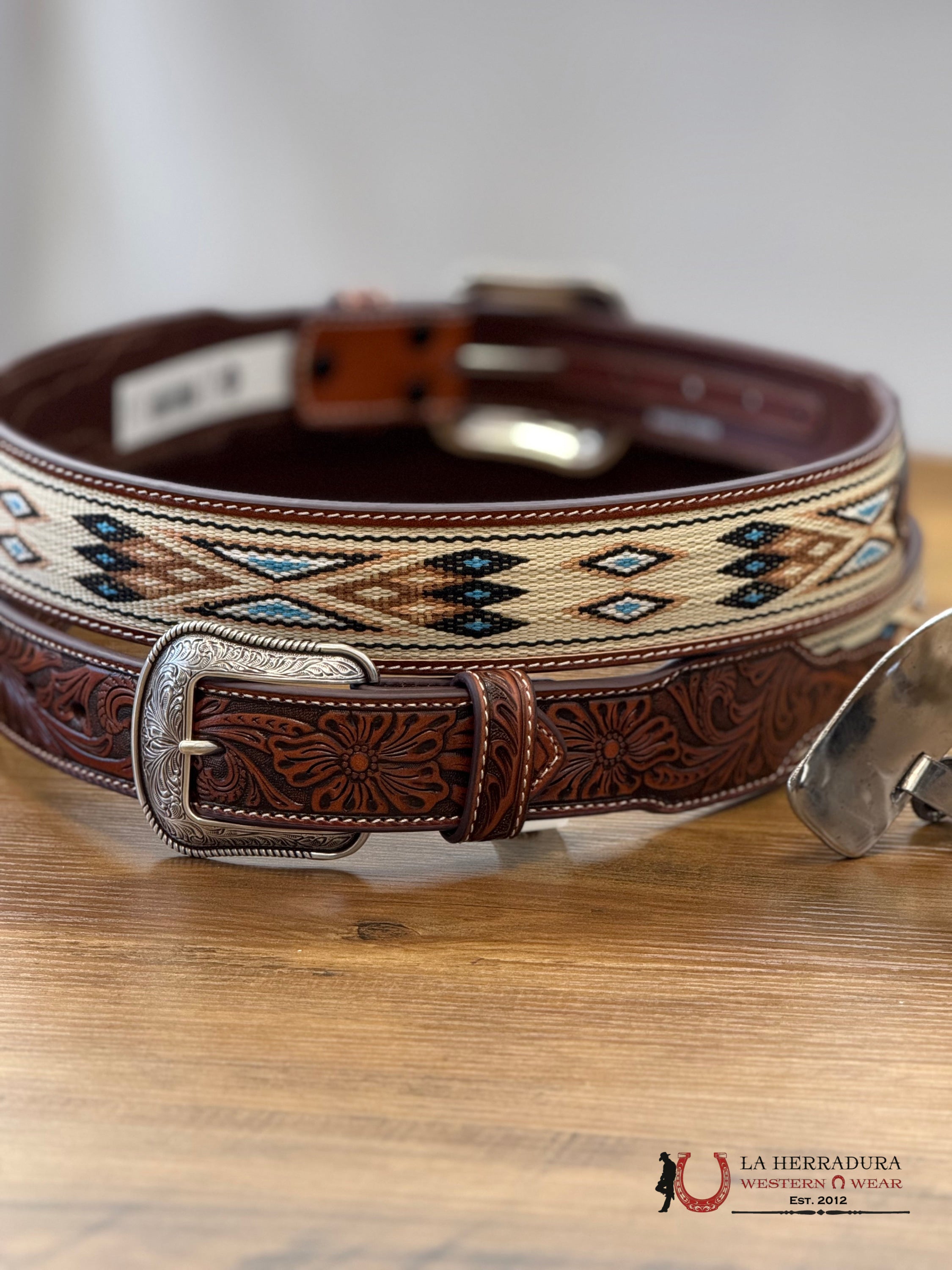 3D Belt Aztec Print Beige With Blue CINTURONES HOMBRES