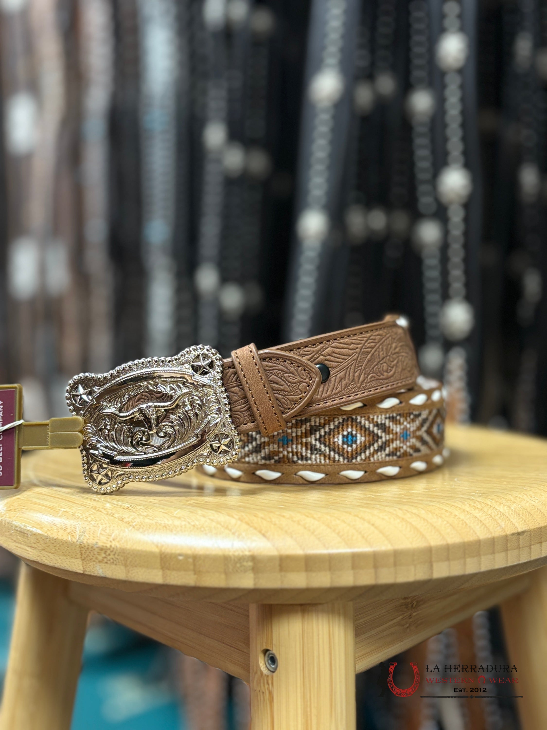 3D BELT BOYS TAN BELT WITH BROWN AZTEC DESIGN- D120003802 NIÑOS