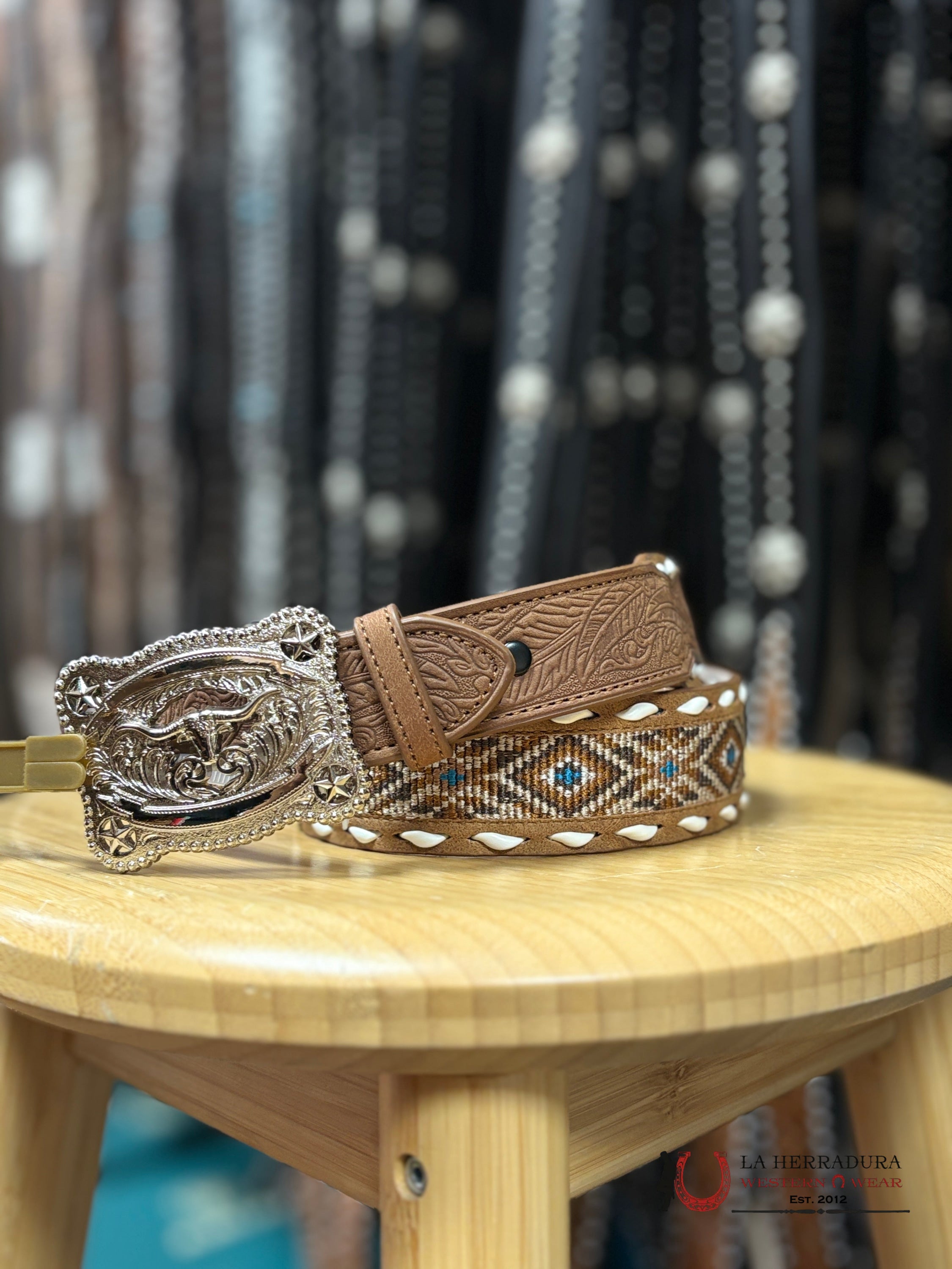 3D BELT BOYS TAN BELT WITH BROWN AZTEC DESIGN- D120003802 NIÑOS