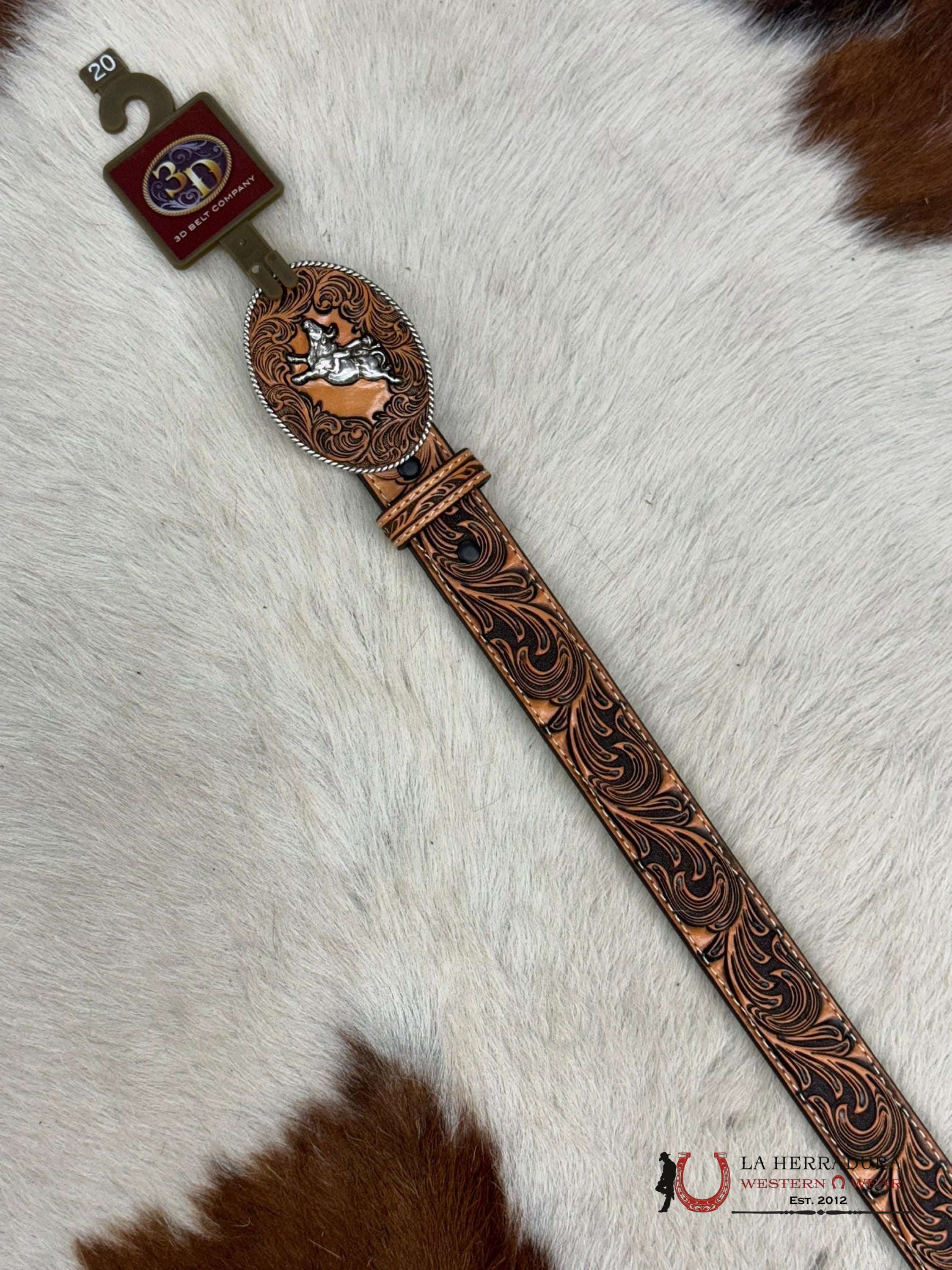 3D Belt Company Boy Honey Hand Tooled Round Bull Buckle Niños