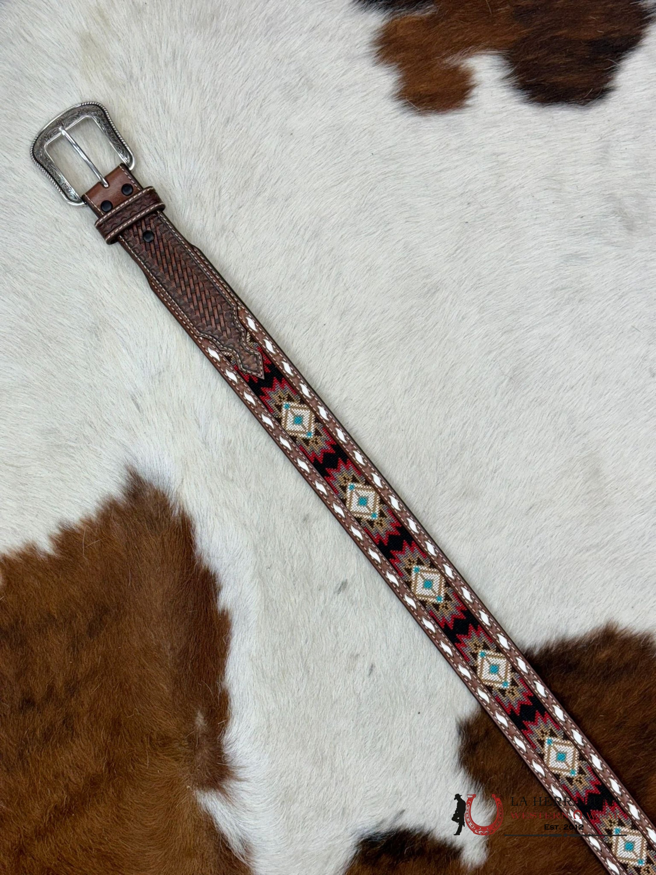 3D Belt Company Cinturón Aztec Stitched Red Balck White Detail Cinturones Hombres