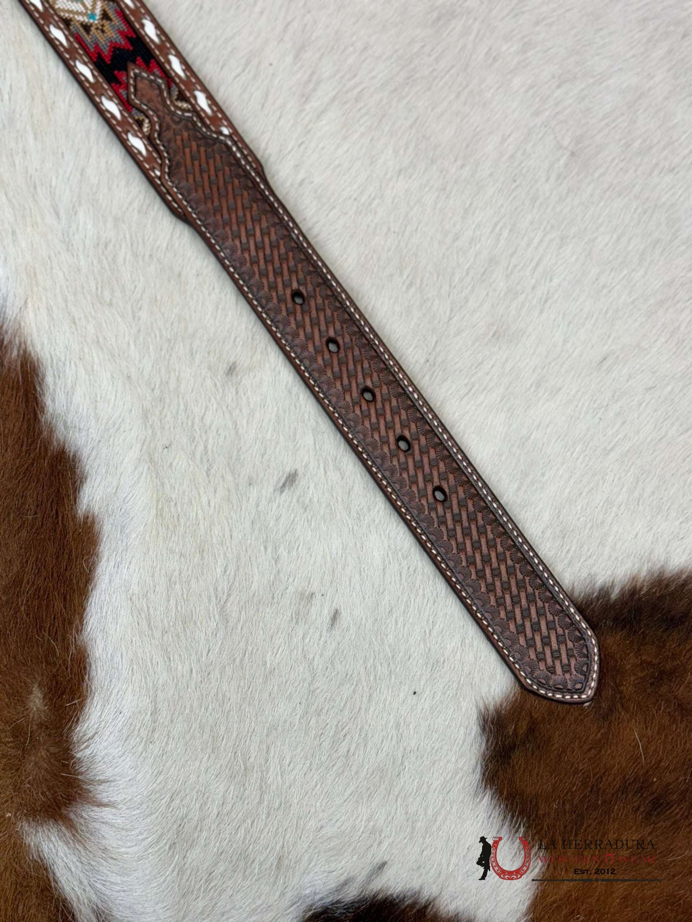 3D Belt Company Cinturón Aztec Stitched Red Balck White Detail Cinturones Hombres