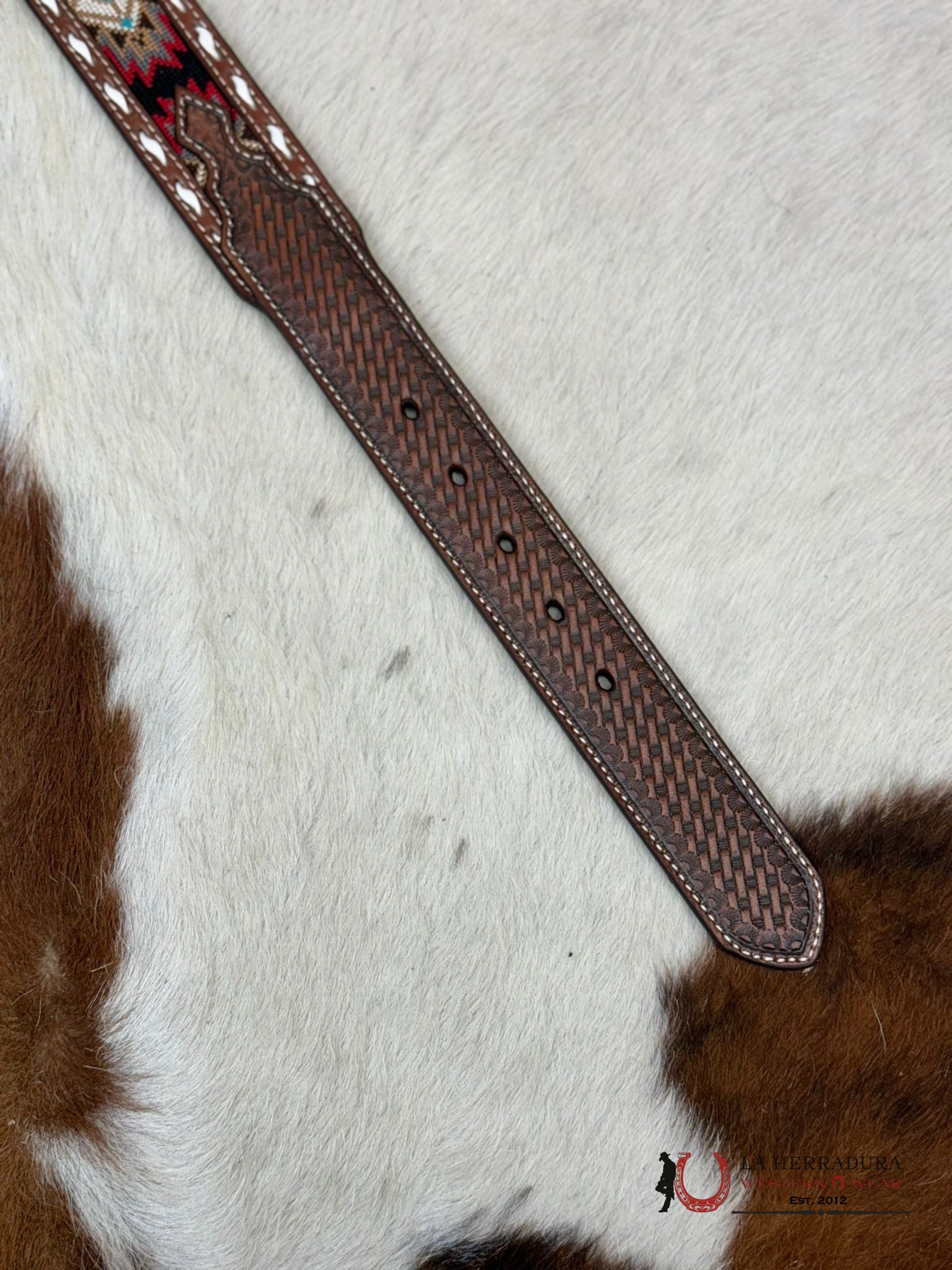 3D Belt Company Cinturón Aztec Stitched Red Balck White Detail Cinturones Hombres