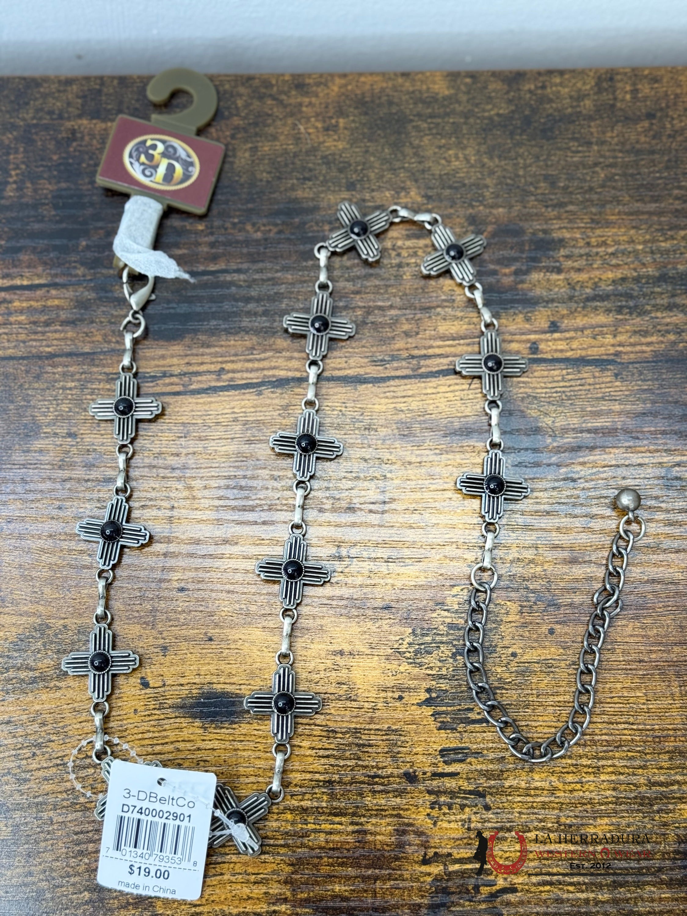 3D BELTS SILVER CHAIN BELT WITH BLACK STONE CROSS- D740002901 OSFM NIÑOS