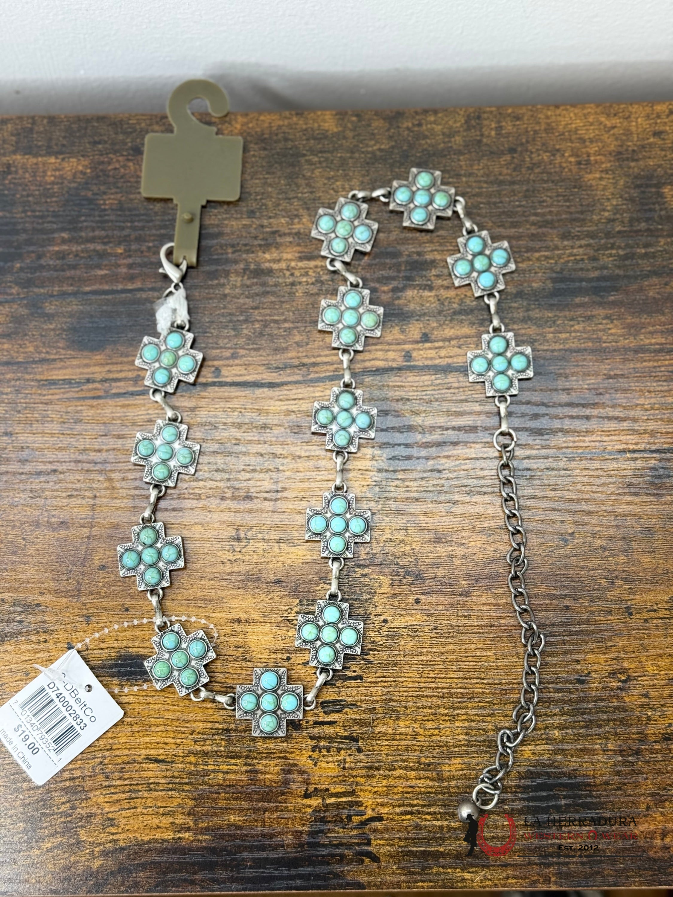 3D BELTS SILVER CHAIN BELT WITH TURQUOISE STONE CROSS- D740002833 OSFM NIÑOS