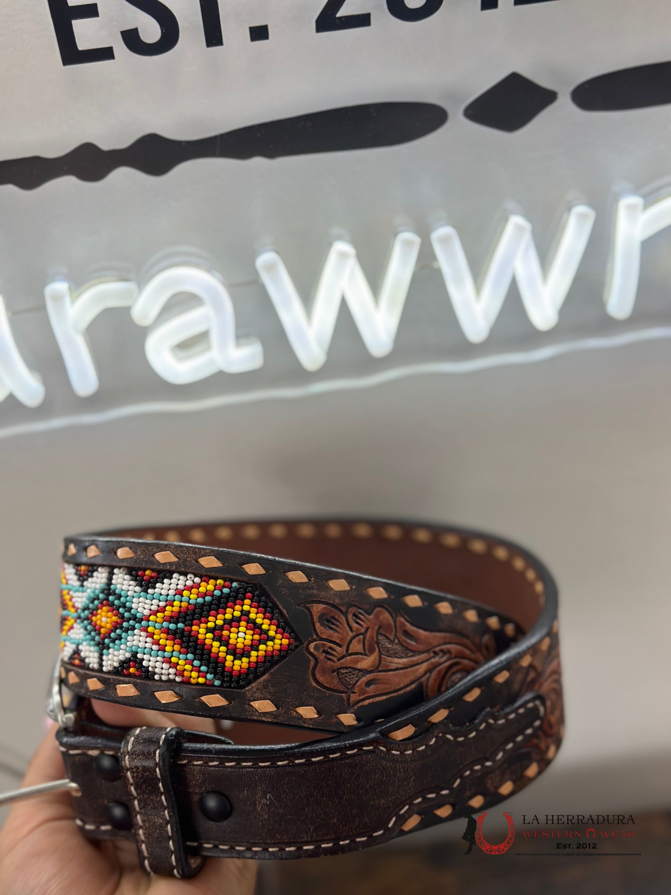 3D Brown Tooled Aztec Beaded Belt Cinturones Hombres